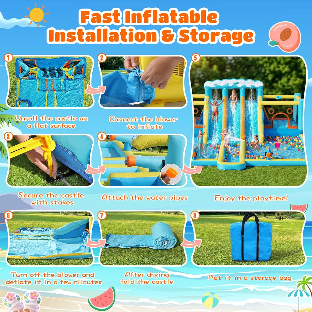 FBSPORT Inflatable Bounce House Water Slide, 3 Slides & 2 Bouncers 10-in-1 Water Slide Park Bounce House with 950W Blower, Bouncy Castle for Kids Backyard Party Outdoor, with Water Gun, Splash Pool