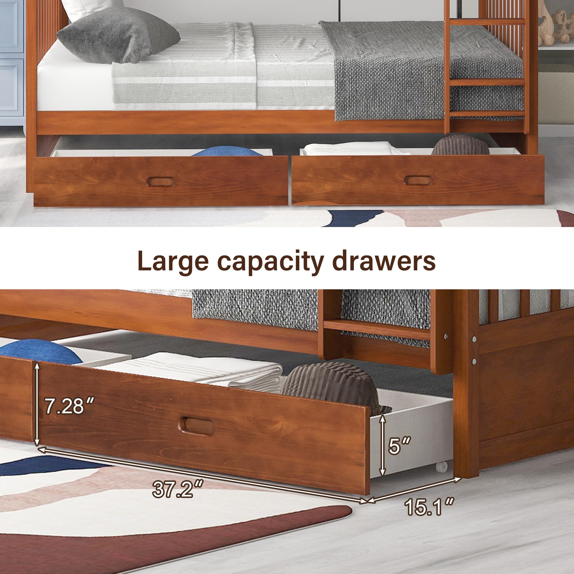 Merax Wood Bunk Bed with Two Drawers,Convertible Wood Bunk Bed with Ladders and Two Storage Drawers,Solid Wood Detachable Bed Frame with Ladders, Twin Over Full Size, Espresso