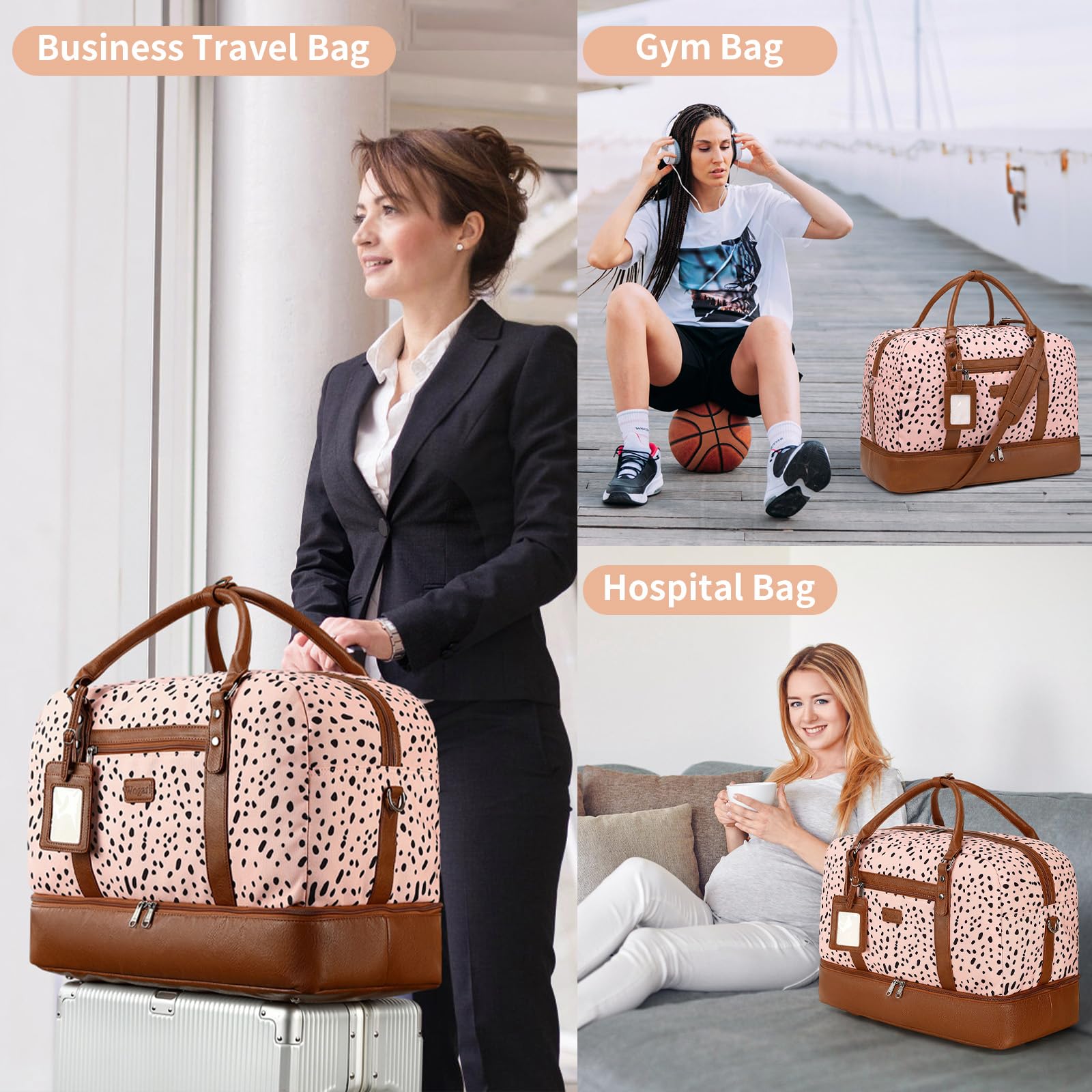 Wogarl 4PCS Weekender Bags for Women Large Overnight Weekend Travel Duffel Carry on Shoulder with Shoe Compartment Canvas Toiletry Bag for Travel Business Gym