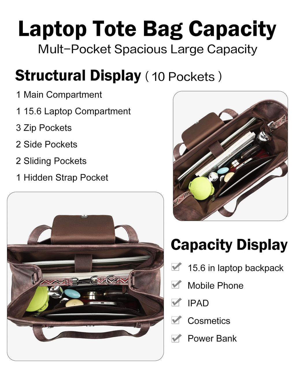 FADEON Large Laptop Tote Bag for Women Designer Leather Laptop Bag Fashion Travel Backpack Purse Shoulder Handbag