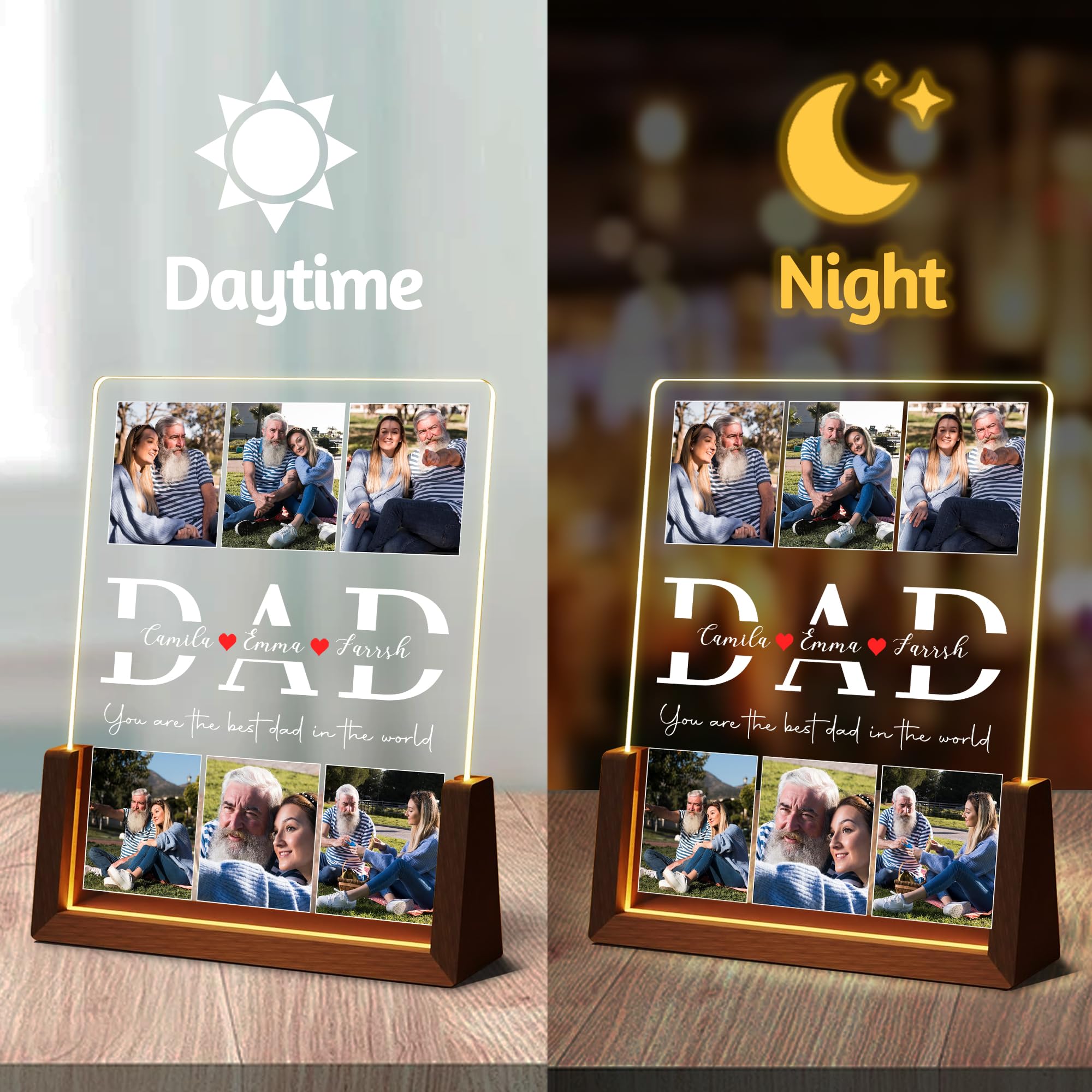 Personalized Fathers Day Birthday Gifts For Daddy Dad From Daughter Son Wife, Custom Acrylic Plaque Light Up Picture Frame, Customized Dad Gifts For Husband Men Papa Fathers Day Christmas