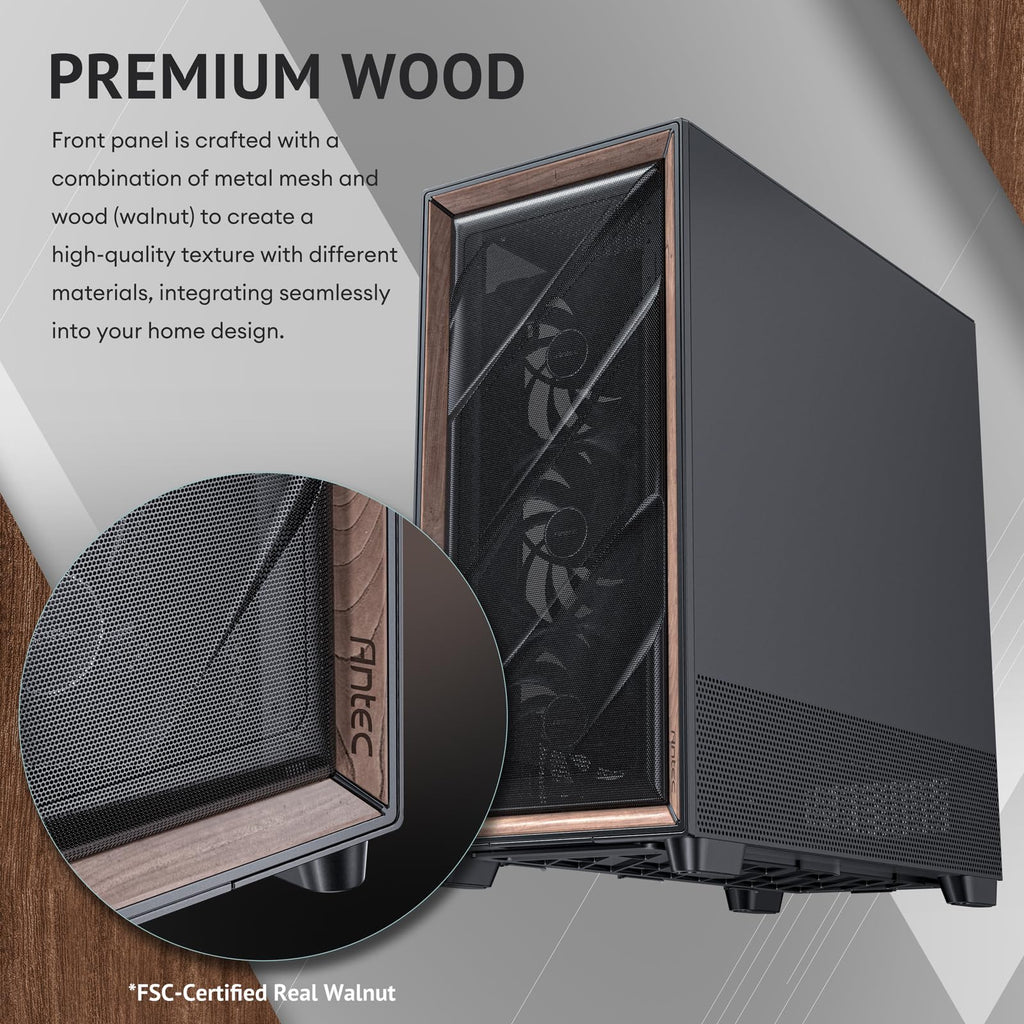 Antec Flux Pro, 6 x PWM Fans Included, High-Airflow Front Panel with Walnut Wood, iShift PSU 90° Mount, USB3.0 x 2, Type-C, 420mm Radiator Support, Temp. Display, Full-Tower E-ATX PC Case