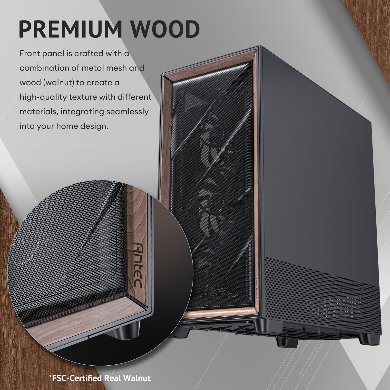 Antec Flux Pro, 6 x PWM Fans Included, High-Airflow Front Panel with Walnut Wood, iShift PSU 90° Mount, USB3.0 x 2, Type-C, 420mm Radiator Support, Temp. Display, Full-Tower E-ATX PC Case