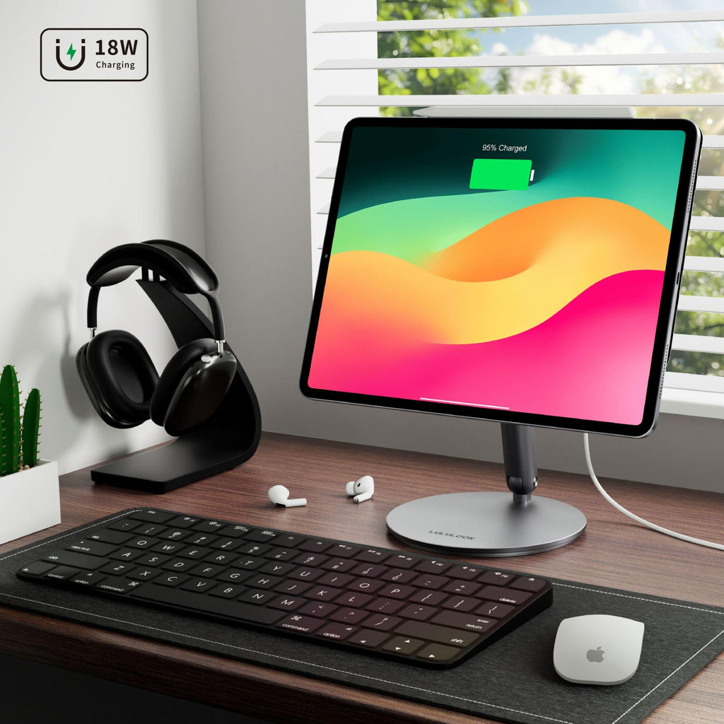 LULULOOK [Upgrade Magnetic Wireless Charging Stand for iPad Air 11" M4 (2026)/M3/M2, Foldable Aluminum Alloy iPad Pro Desk Stand with 360° Rotating Base for Pro 11" 1st/2nd/3rd/4th, Air 10.9 4th/5th