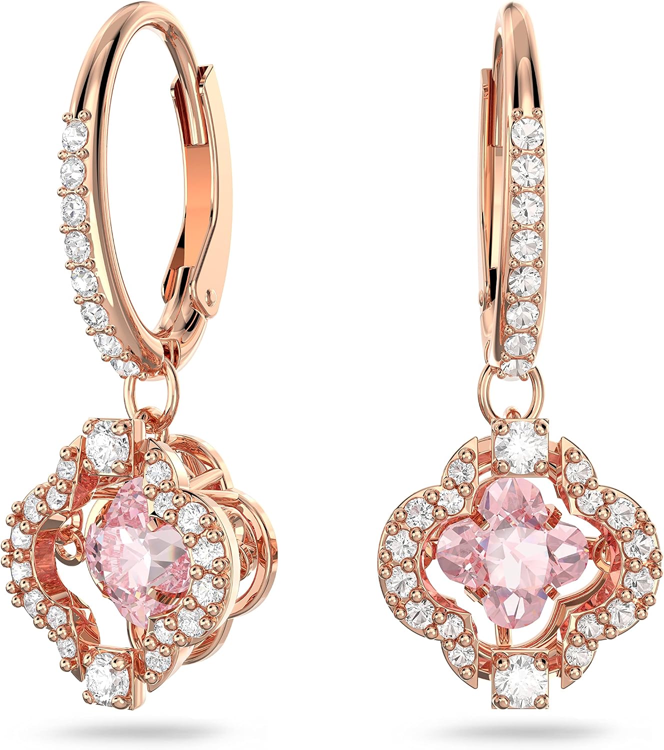 Swarovski Una Pierced Earrings with Clear Crystal Pavé Surrounding a Pink Stone on a Rose-Gold Tone Finished Setting