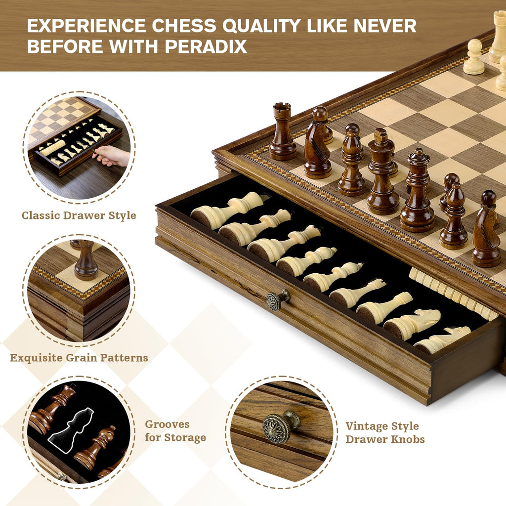 Peradix Magnetic Chess and Checkers Set with 2 Built-in Storage Drawers, Classic 2 in 1 Wooden Board Games, Magnetic Chess Pieces 2 Extra Queens, 12.8" Chess Set for Adults and Kids Gift Package
