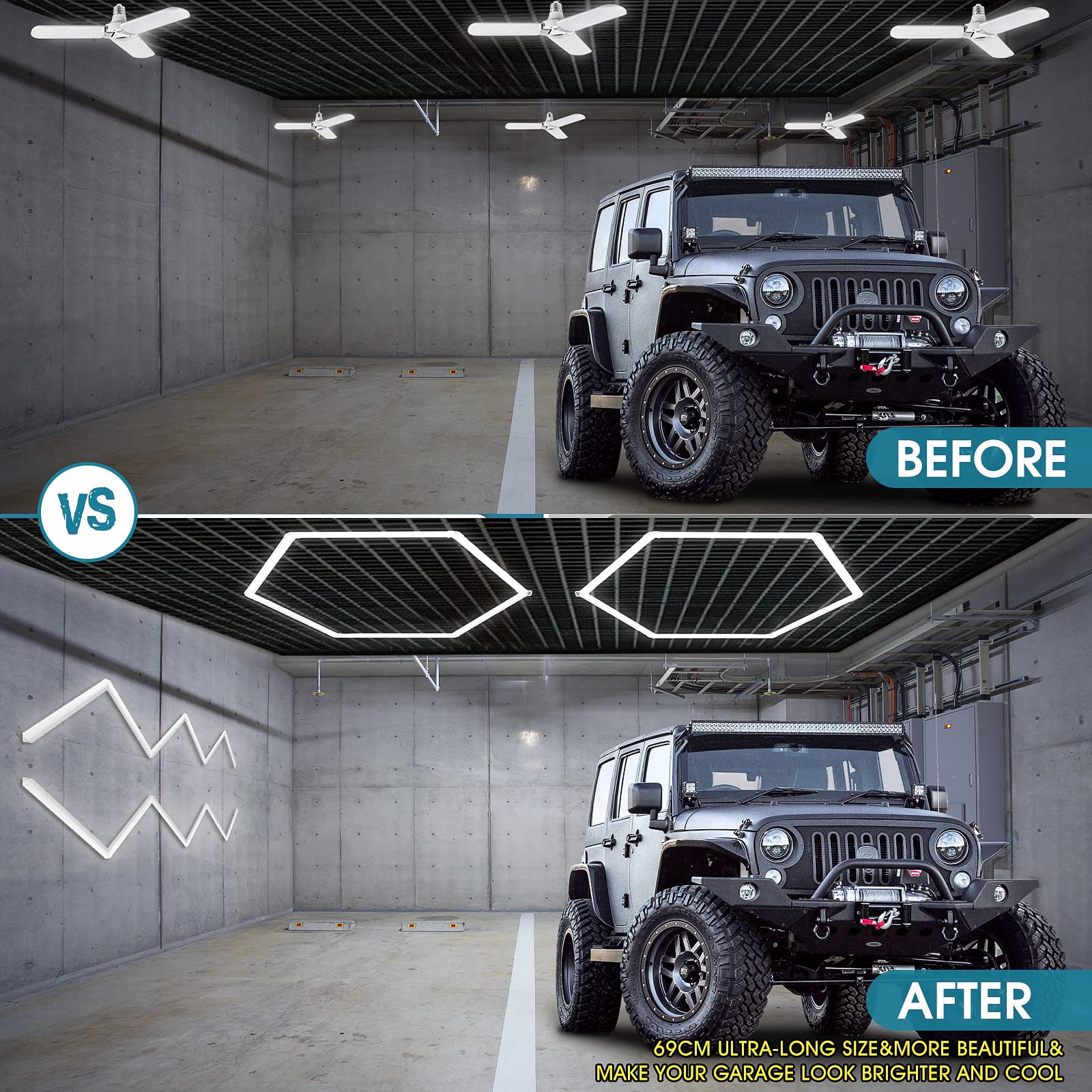 LZHOME LED Hexagon Garage Light: 12700LM Car Detailing Shop Light, DIY Splicing Ceiling & Wall Decor Lights, for Workshop Basement Gym Warehouse Bar Gaming Room