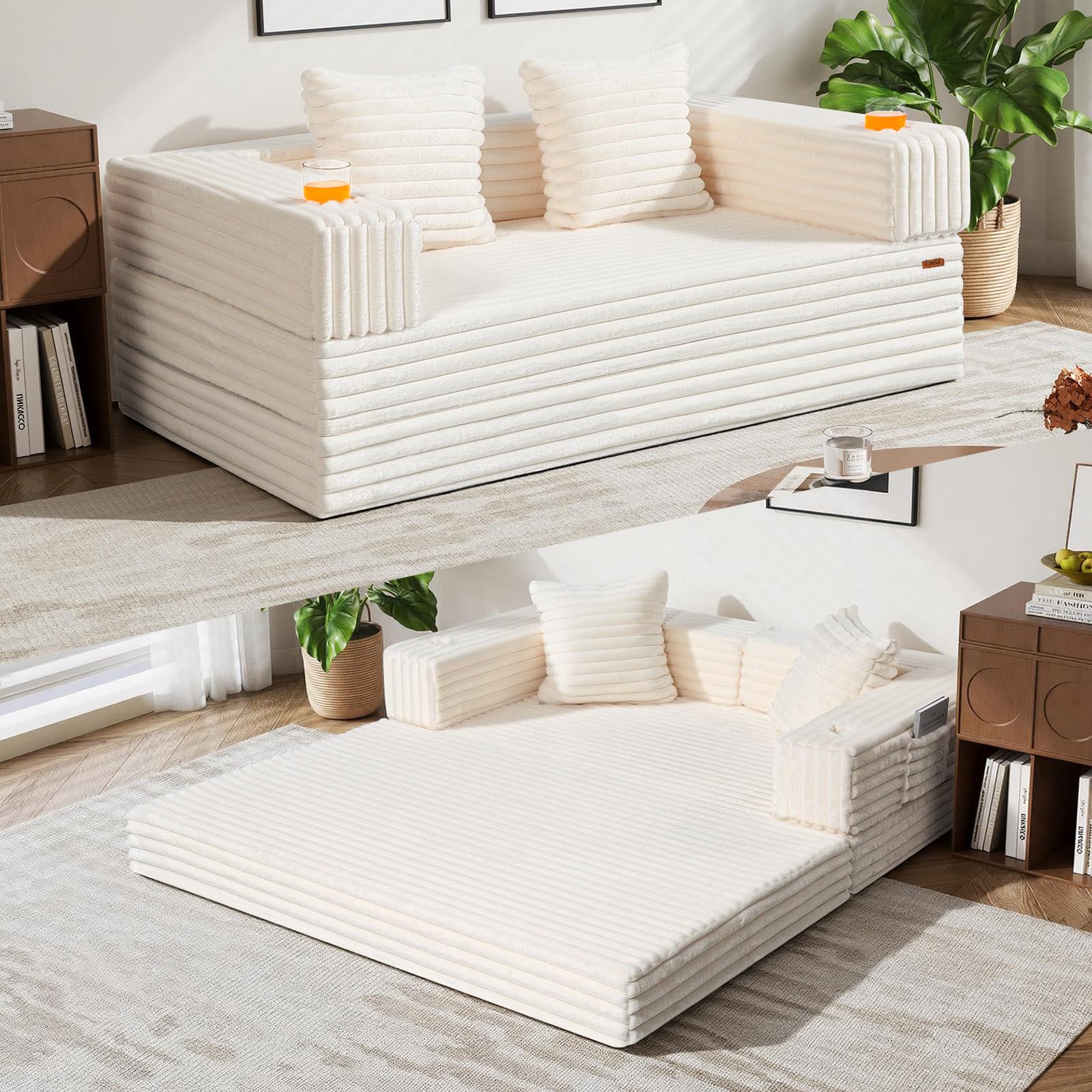 COMAX Futon Sofa Bed, 4‑in‑1 Convertible Sofa Bed, Folding Boneless Couches | Boneless Couch for living room, Fold Out Small Foldable Loveseat Floor Sleeper Mattress Lounge Space‑Saving, Ash Gray