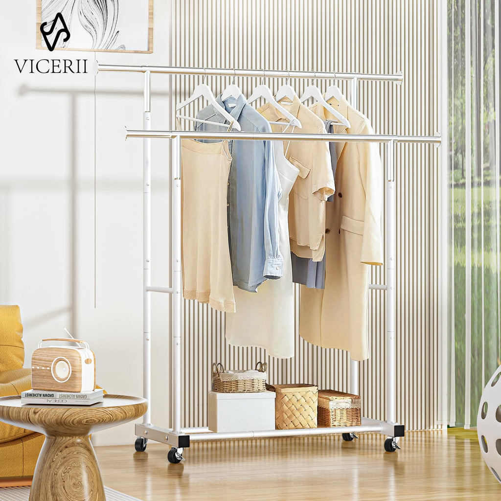 VICERII Clothing Rack, 55.51 Inch Heavy Duty Clothes Rack Rolling Garment Rack with Wheels and Bottom Shelf, 130LB Capacity Clothes Racks for Hanging Clothes, Coats, Shirts, Sweaters, Skirts, Black