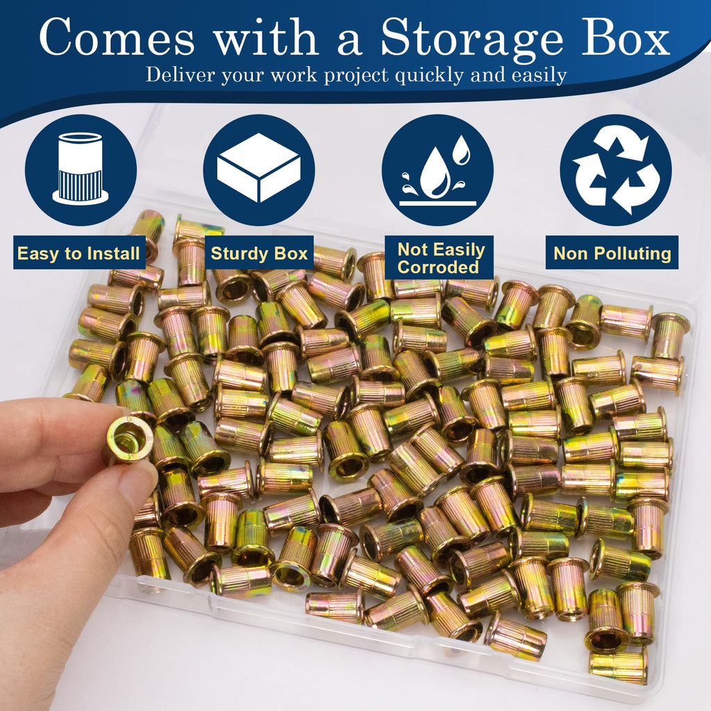 1/2''-13 UNC Rivet Nut, 10Pcs 304 Stainless Steel Flat Head Rivnut Threaded Insert Nutsert