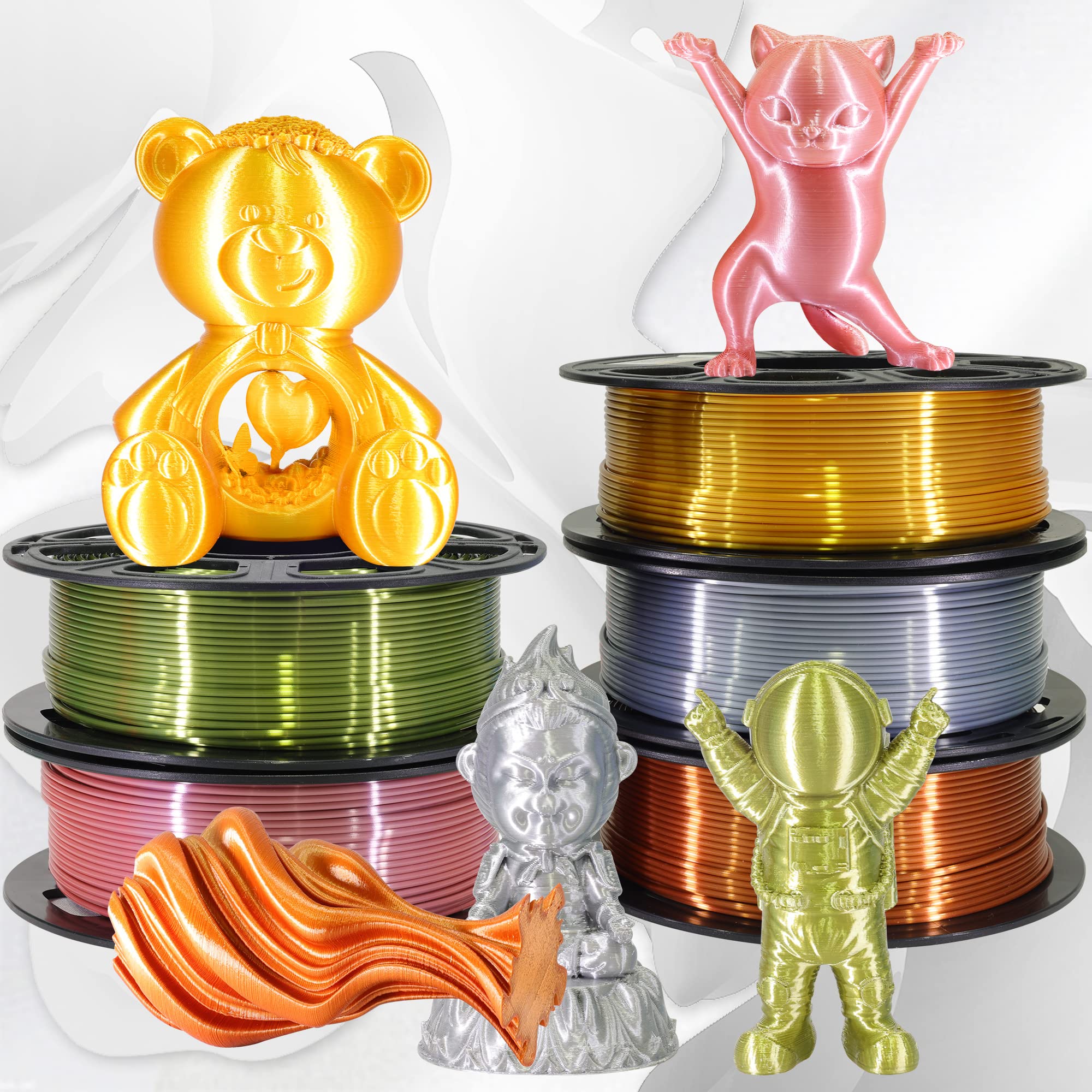 1.75mm PLA 3D Printer Filament Bundle: Glow in Dark Green/Blue/Purple/Rainbow, One Spool Clear Multi Colored, Each Spool 250g, Total 1.25Kg 3D Printing Material, 250g x 5 Spools Glow in Dark PLA