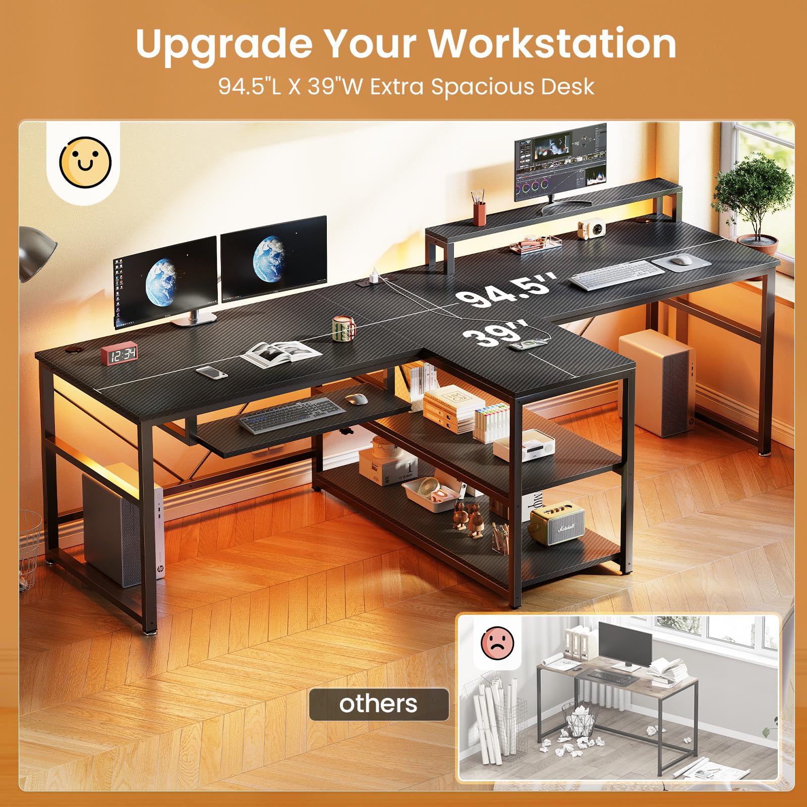 SEDETA 94.5" Office Computer Desk, 2 Person Gaming Desk with Storage, LED Lights, Keyboard Tray, Power Strip with USB & Monitor Stand, Long Two Person Desk for Home Office, Black