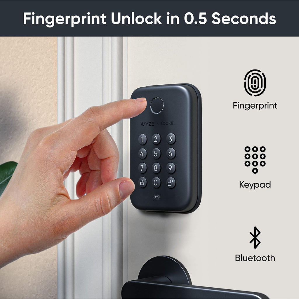 Wyze Auto-Lock Bolt, Fingerprint Keyless Entry Door Smart Bluetooth Deadbolt Replacement, Backlit Keypad, IPX5 Weatherproof, in-App History and Scheduled Access, BHMA, UL 20-Min Fire Rated
