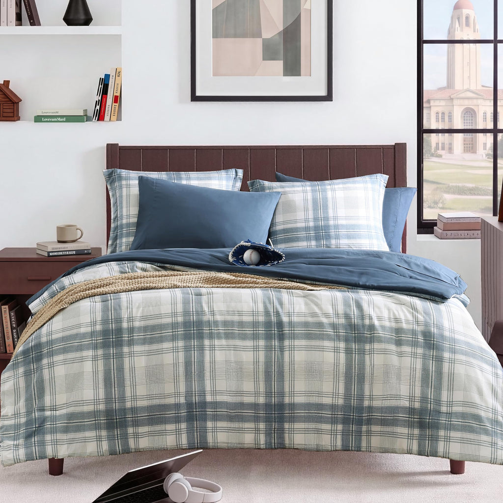 MaiRêve Queen Comforter Set, Classic Plaid Farmhouse Bedding Sets 7 Pieces, Beige All Season Bed in A Bag with Sheets, Pillowcases & Shams