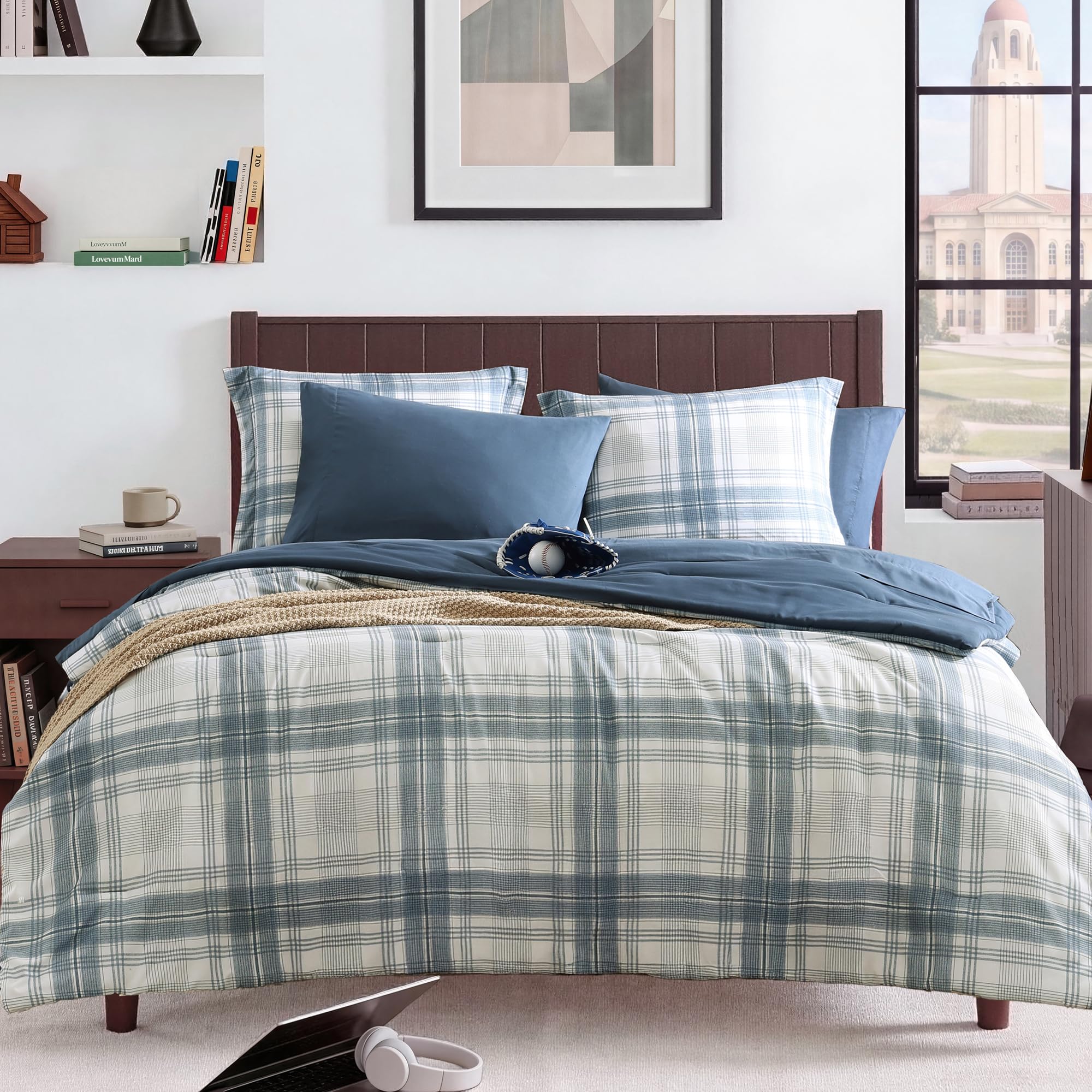 MaiRêve Queen Comforter Set, Classic Plaid Farmhouse Bedding Sets 7 Pieces, Beige All Season Bed in A Bag with Sheets, Pillowcases & Shams