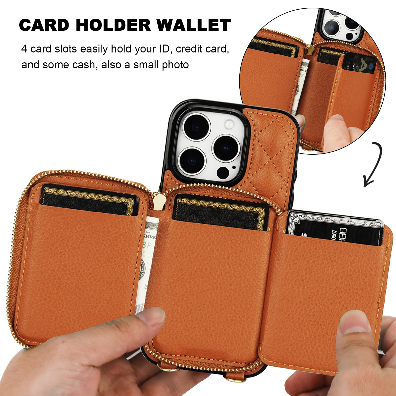 Bocasal Crossbody Wallet Case for iPhone 16 Pro, RFID Blocking PU Leather Zipper Handbag Purse Flip Cover, Kickstand Folio Case with Card Slots Holder Wrist Strap Lanyard 5G 6.3 Inch (Black)