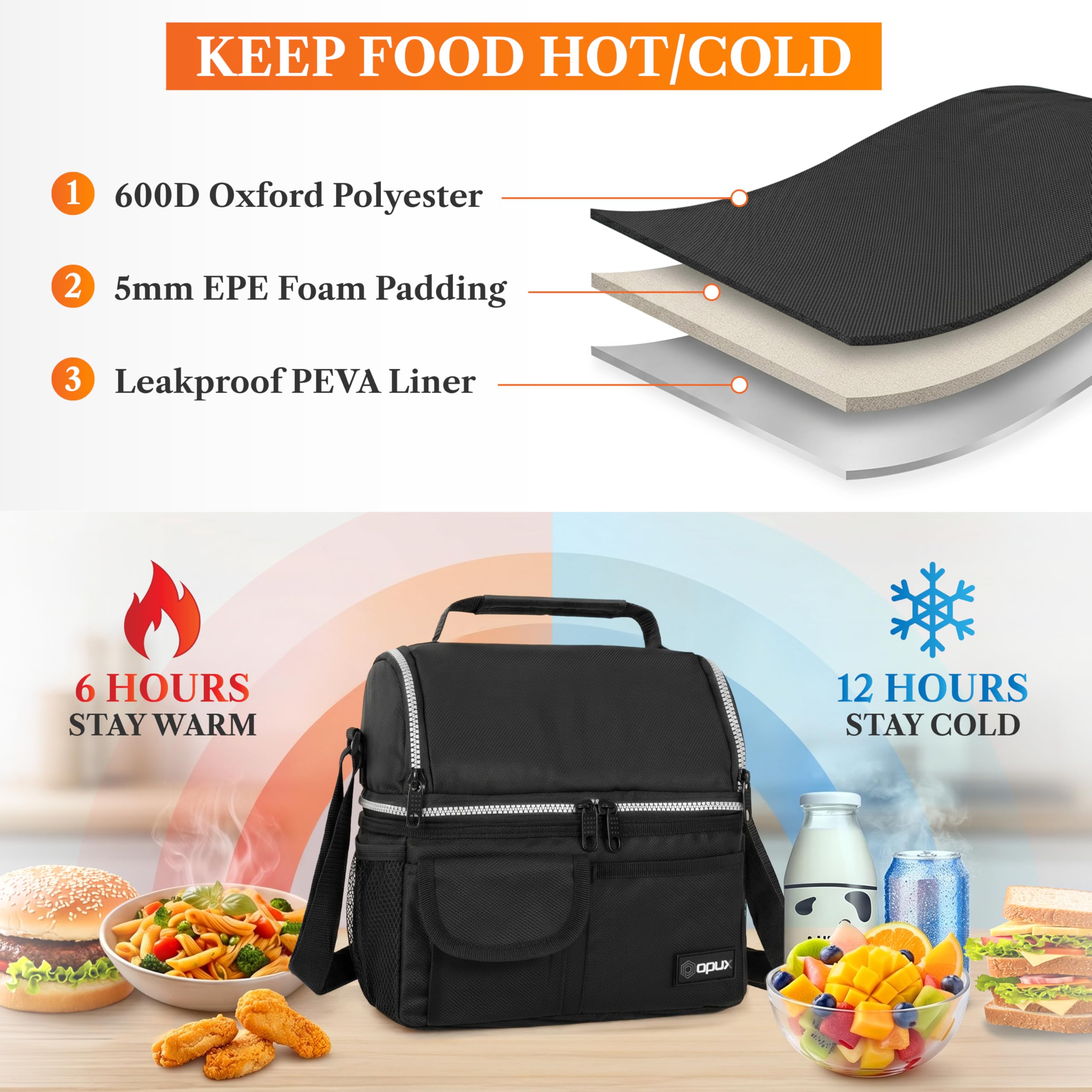 opux Insulated Lunch Bag Women Men, Dual Compartment Leakproof Lunch Box Adults Kids, Double Decker Meal Prep Bento Lunch Cooler Tote with Shoulder Strap for Work Office School Travel, Black