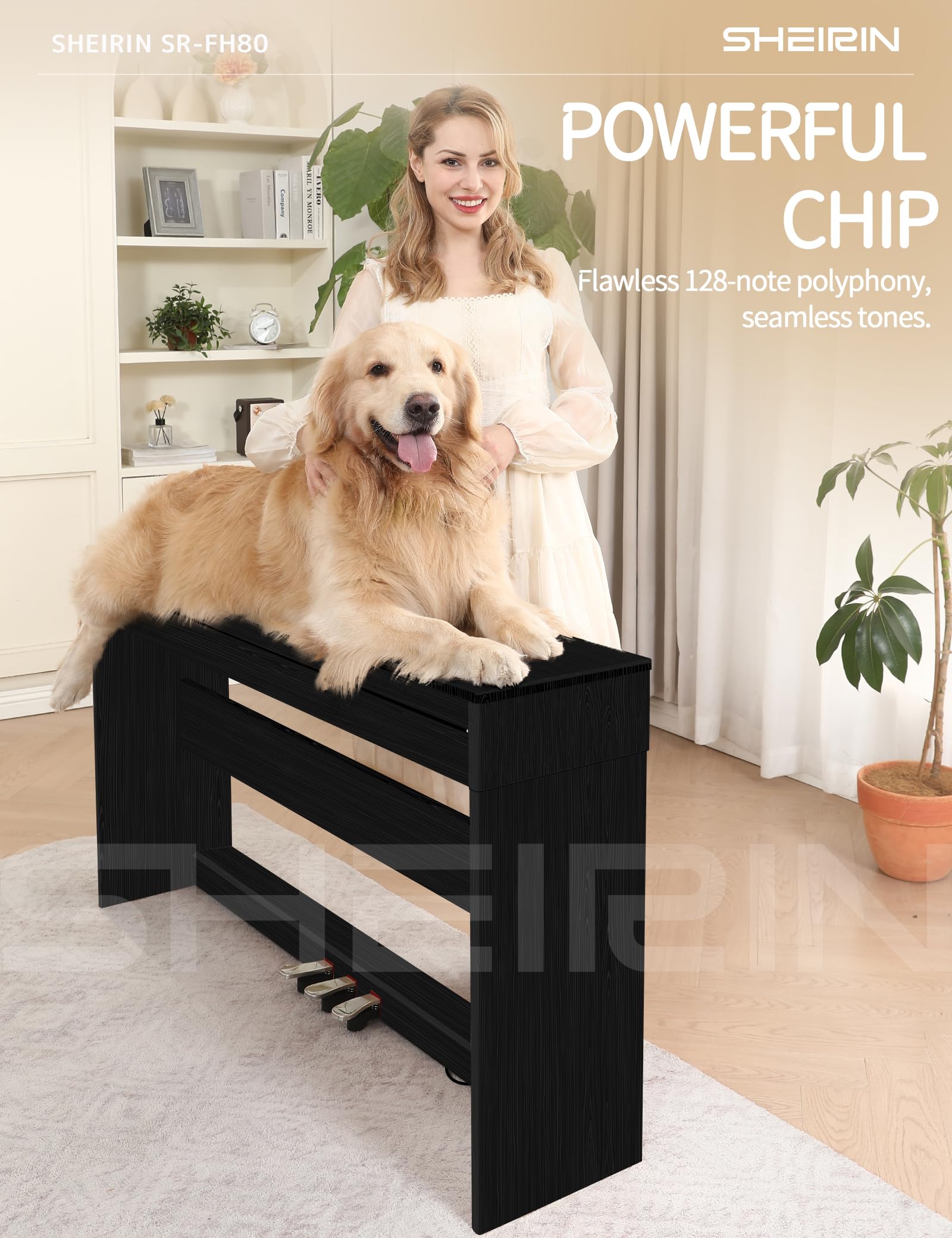 Digital Piano Hammer Action Keyboard 88 Keys Upright Acoustic Electric Weighted Piano Beginner MIDI Cover Full Size Sustain Pedal Stand Real Professional SR-FH80 (Beige Full Cover)