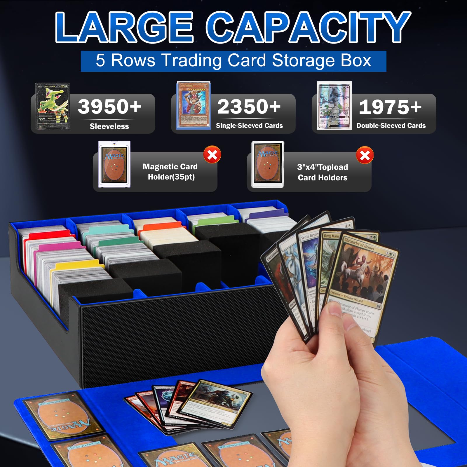 AOBOPLE Trading Card Storage Box,3200+ Card Box Storage with 24 Dividers and 4 Foam Supporters PU Leather Magnetic Cards Deck Case for MTG TCG Magic and Sport Cards,Great Gift for Card Collectors