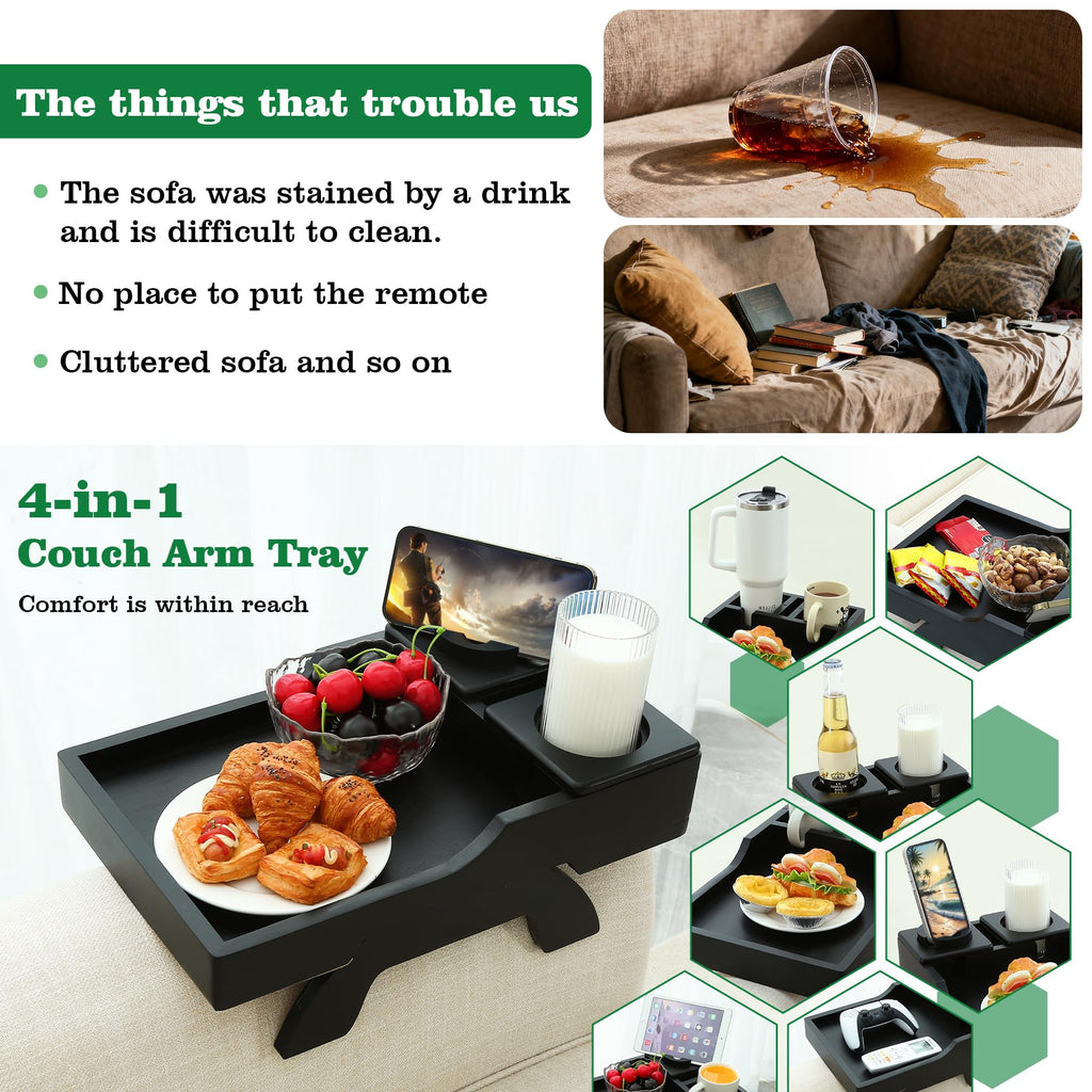 GHKINMAL Couch Cup Holder Tray, 15.4"x9.9" Large 4 in 1 Couch Arm Tray with 360°Rotated Phone Holder, Non-Slip Clip on Side Table for Drinks/Remote/Snacks, Ideal Gift for Husband, Wife, Parents