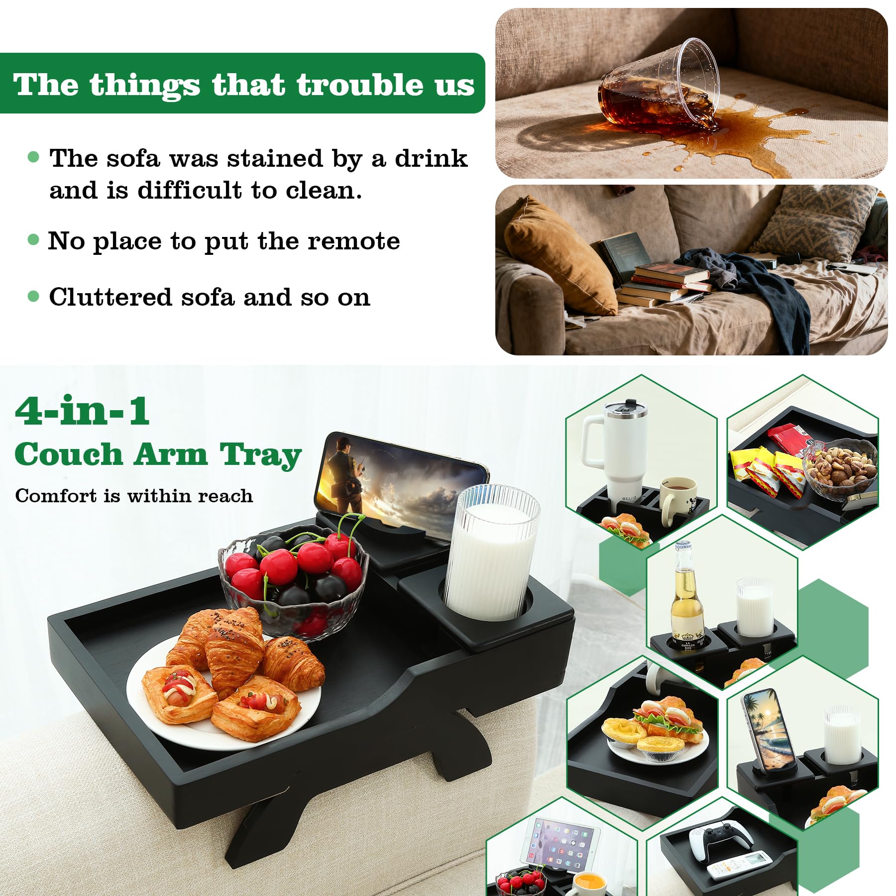 GHKINMAL Couch Cup Holder Tray, 15.4"x9.9" Large 4 in 1 Couch Arm Tray with 360°Rotated Phone Holder, Non-Slip Clip on Side Table for Drinks/Remote/Snacks, Ideal Gift for Husband, Wife, Parents