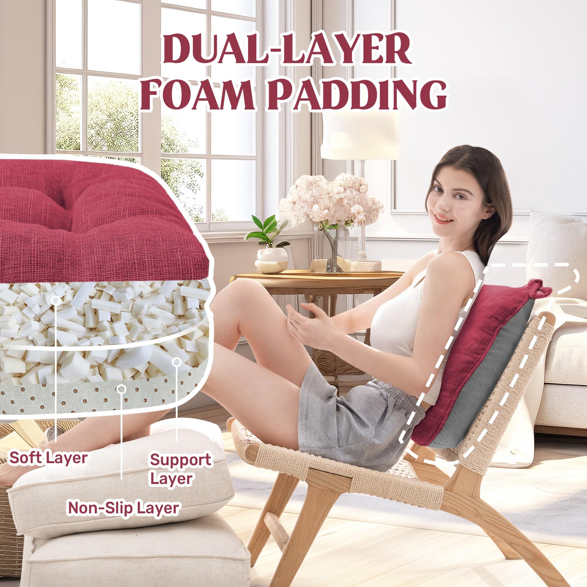 puredown® Chair Cushions for Dining Chairs, Tufted Memory Foam Chair Pads with Non-Slip Backing, Kitchen Seat Cushions with Ties, Washable Seat Pad Set of 4, 15.5" x 15.5" x 4", Light Grey