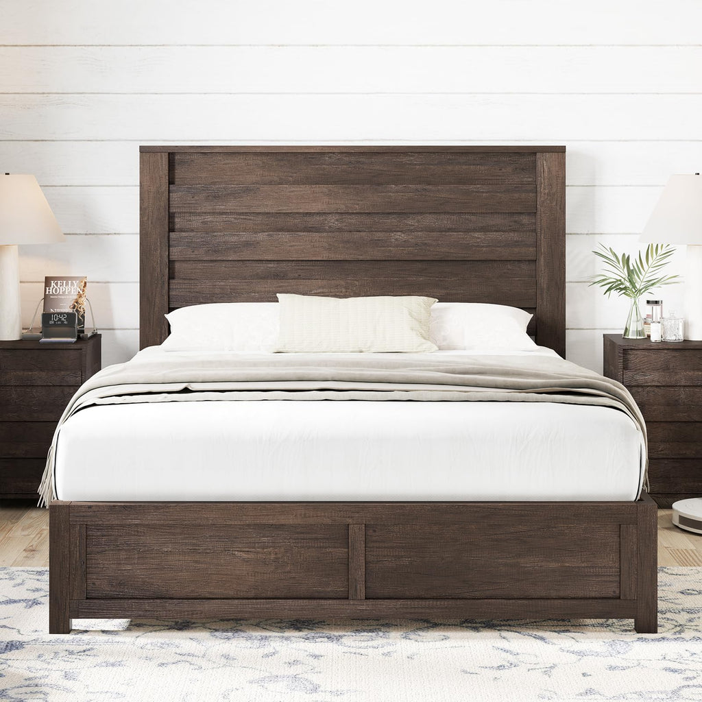 AMERLIFE Farmhouse Full Size Bed Frame with 49" Fluted Headboard, Wood Platform Bed with Natural Grain, No Box Spring Needed/Noise Free, Black
