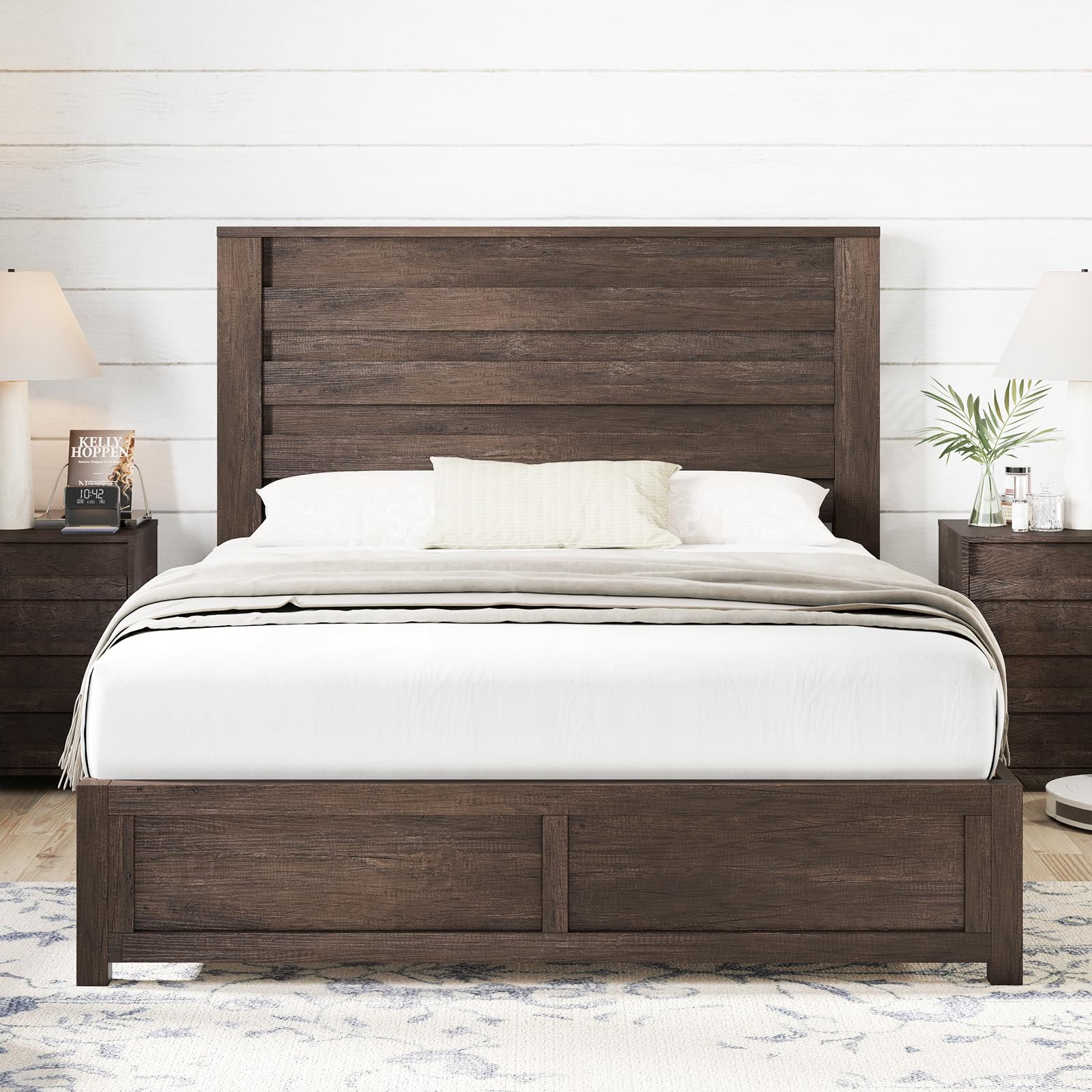 AMERLIFE Farmhouse Full Size Bed Frame with 49" Fluted Headboard, Wood Platform Bed with Natural Grain, No Box Spring Needed/Noise Free, Black