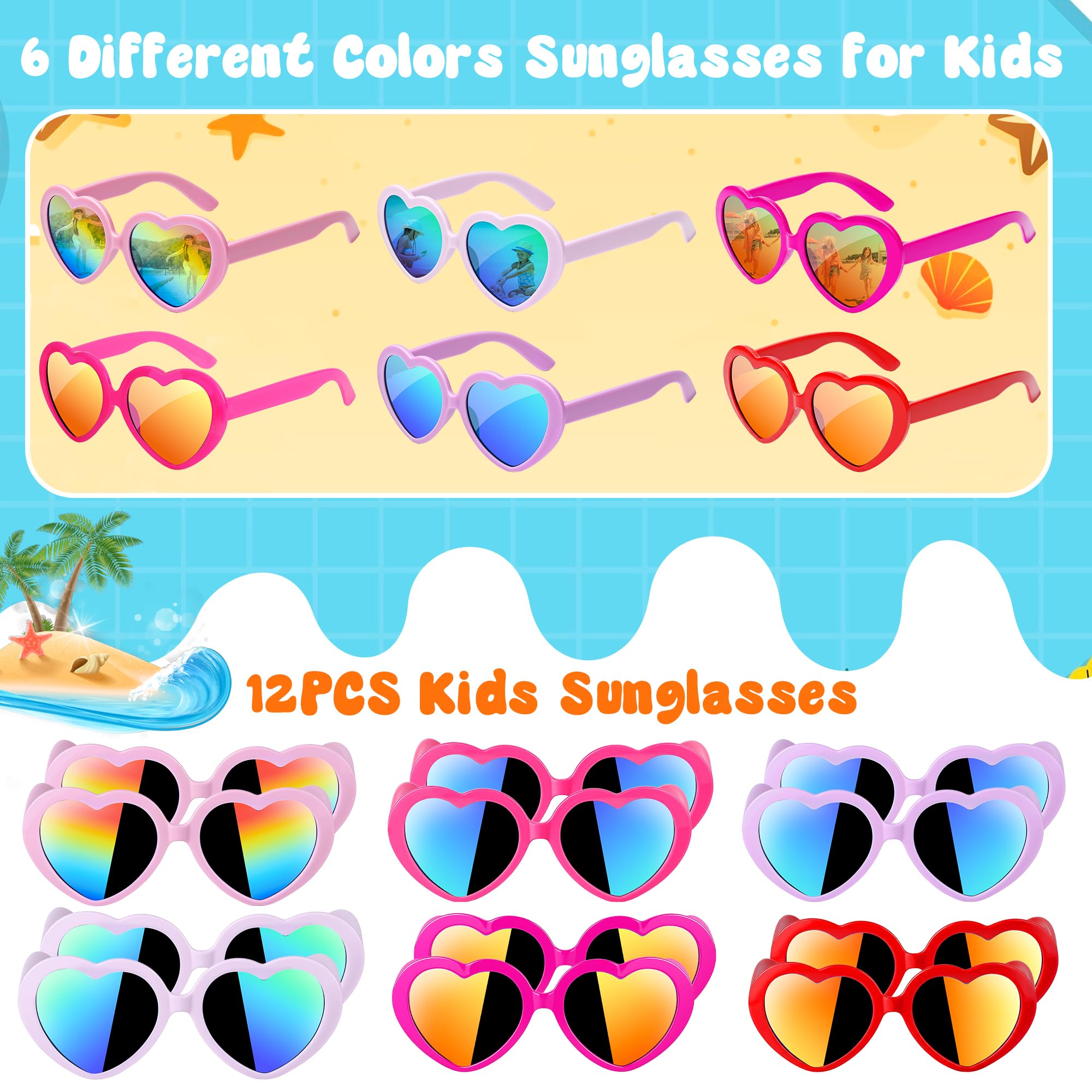 Kids Sunglasses Bulk, Kids Sunglasses Party Favors for Age 3-8, UV400 Protection Neon Kids Sunglasses Bulk for Boys Girls (12Pack-heart sunglasses)