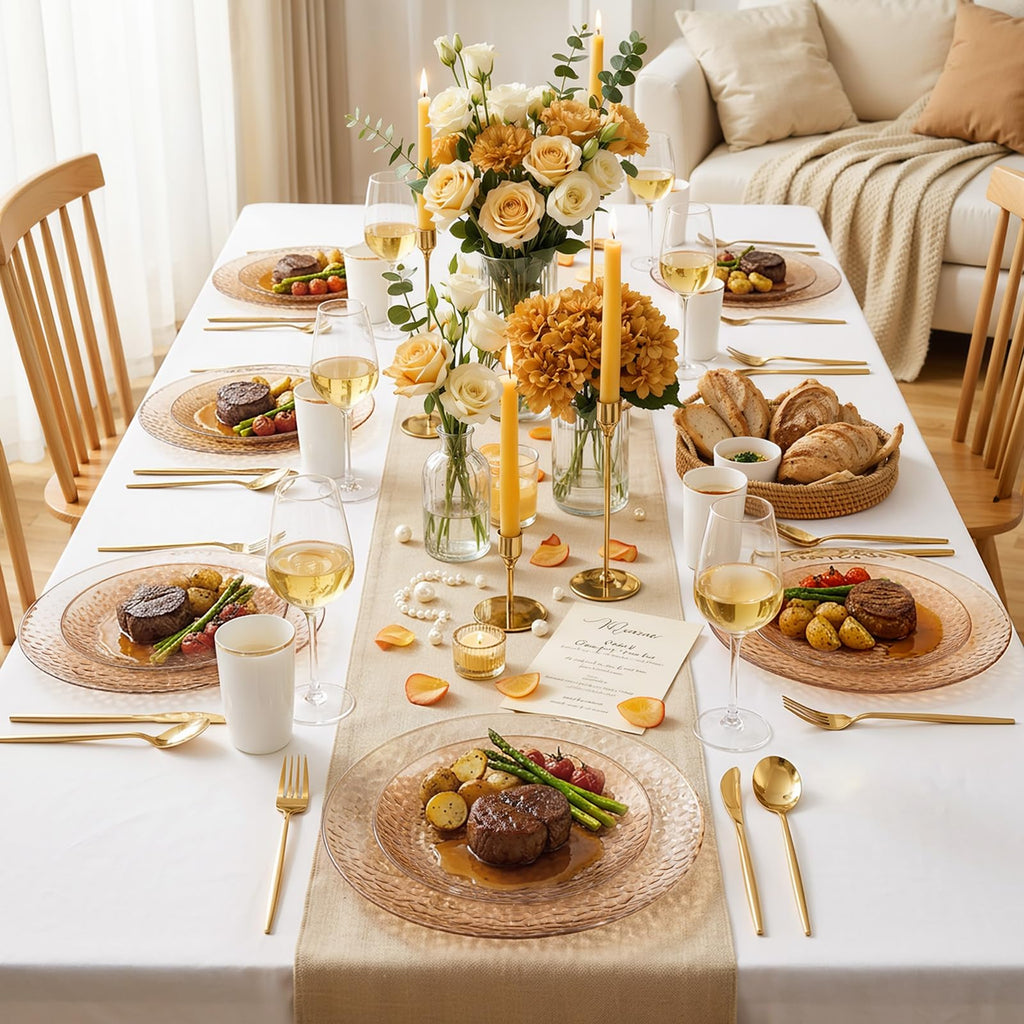 Rubtlamp 100Pcs Amber Gold Plastic Plates, Disposable Plates With Gold Rim, Heavy-duty Party Platos, Hammered Plastic Plates Include 50 Clear Dessert Plates, 50 Dinner Plates for Party