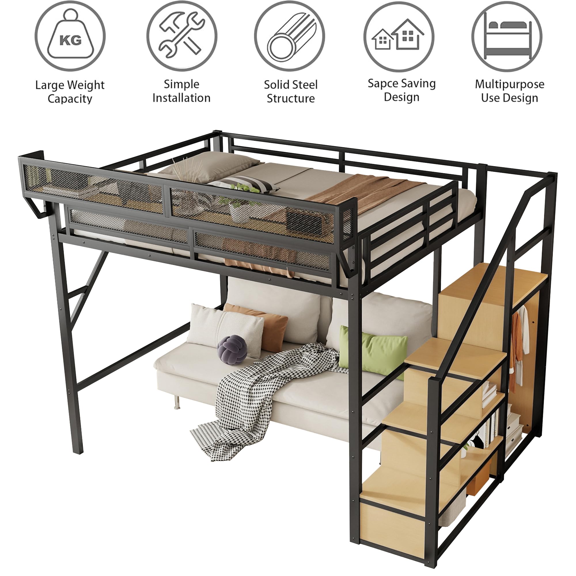 Mirightone Full Size Loft Bed with Stairs, Metal Loft Beds, High Loft Bed Frame with Storage Shelves, Lofted Full Bed with Wardrobe for Kids and Teens, No Box Spring Needed (Black)