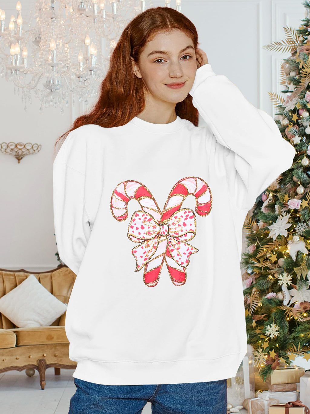 Christmas Sweatshirts Women Candy Canes Graphic Sweatshirt Vintage Xmas Long Sleeve Shirt Pullover Tops