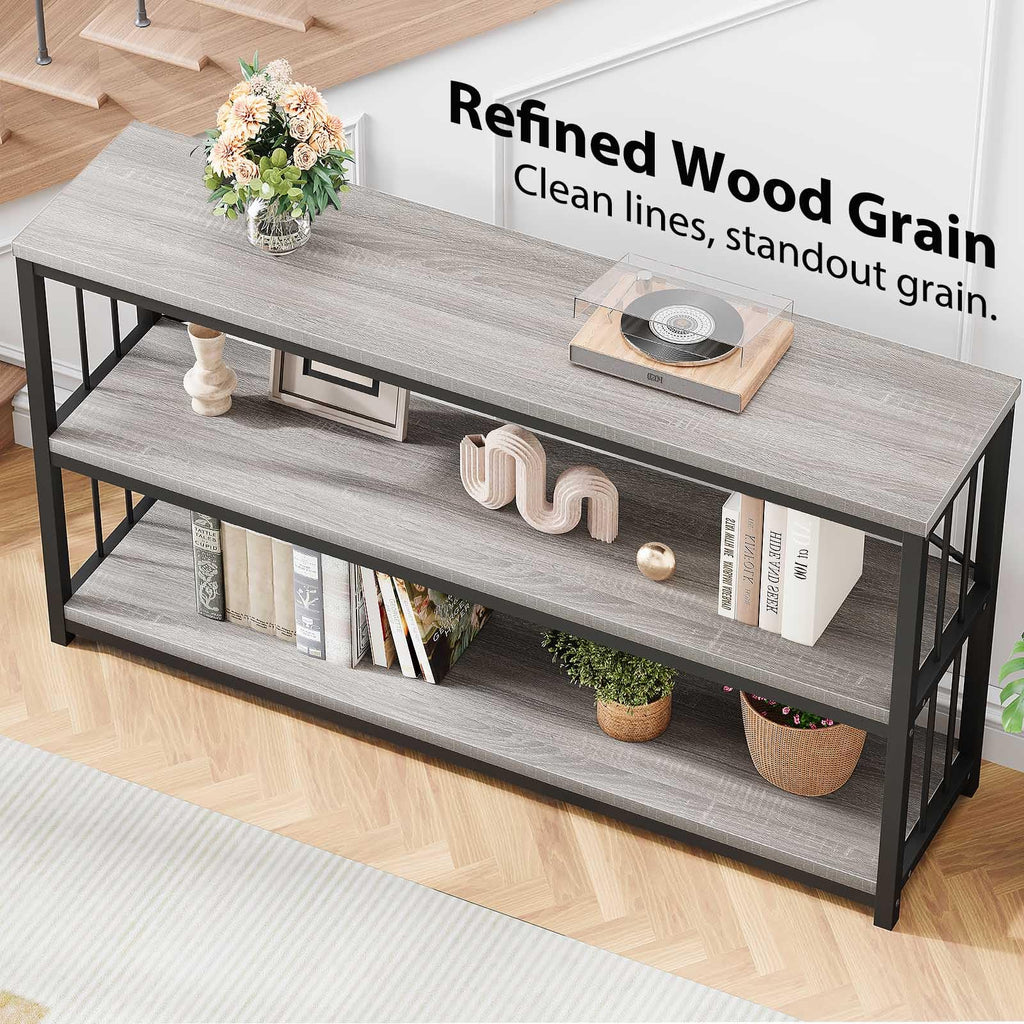 LVB Black Console Table, Modern Entryway Table for Hallway Living Room, Industrial Sofa Table Behind Couch, Farmhouse Wooden Metal Entry Table for Foyer with 3-Tier Storage Shelves, Black Oak, 55 Inch