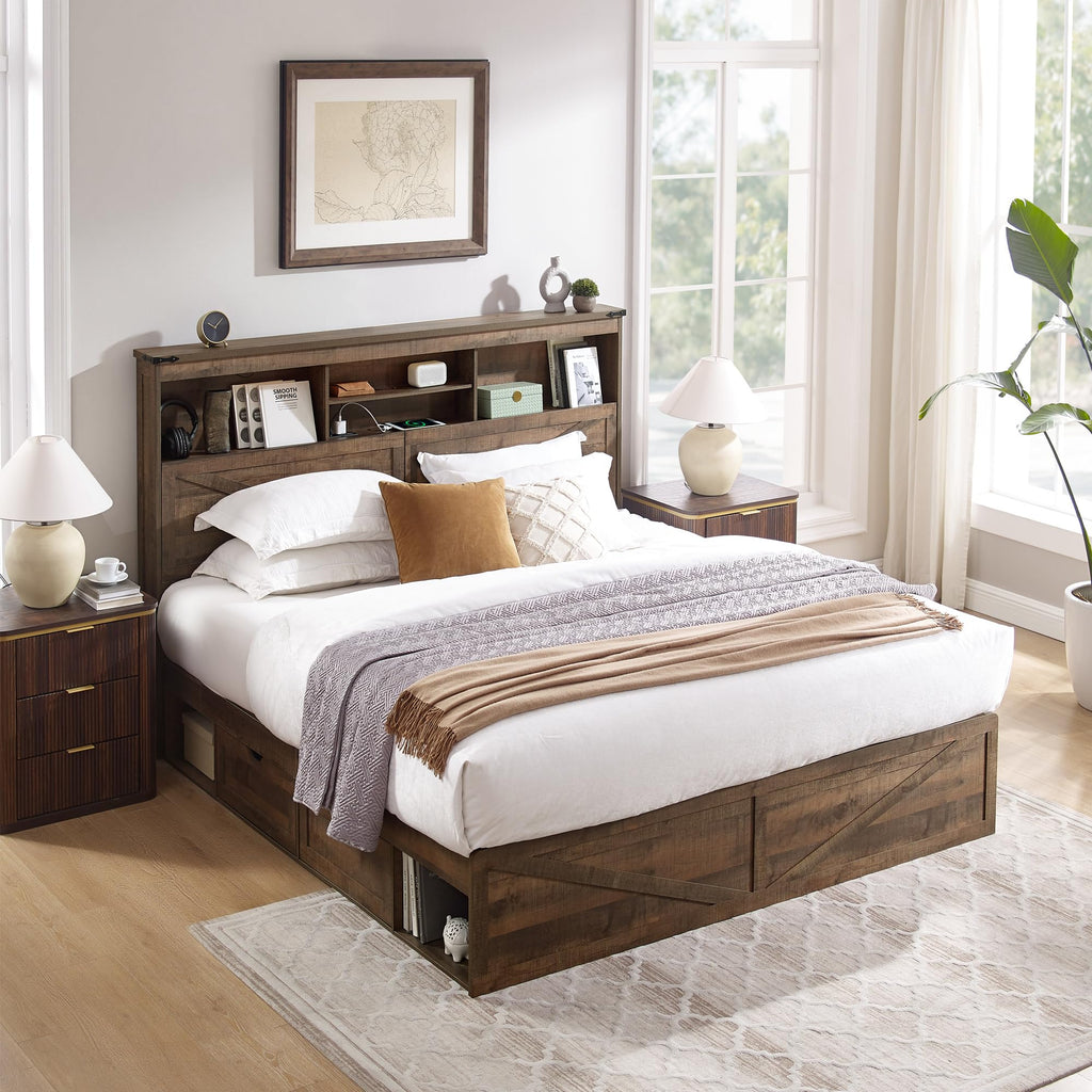 ACCOHOHO Queen Size Wood Bed Frame Farmhouse with 52" Tall Storage Bookcase Headboard, LED Light,Charging Station,4 Drawers and Solid Wood Slats Support,Noiseless,No Box Spring Needed - Black