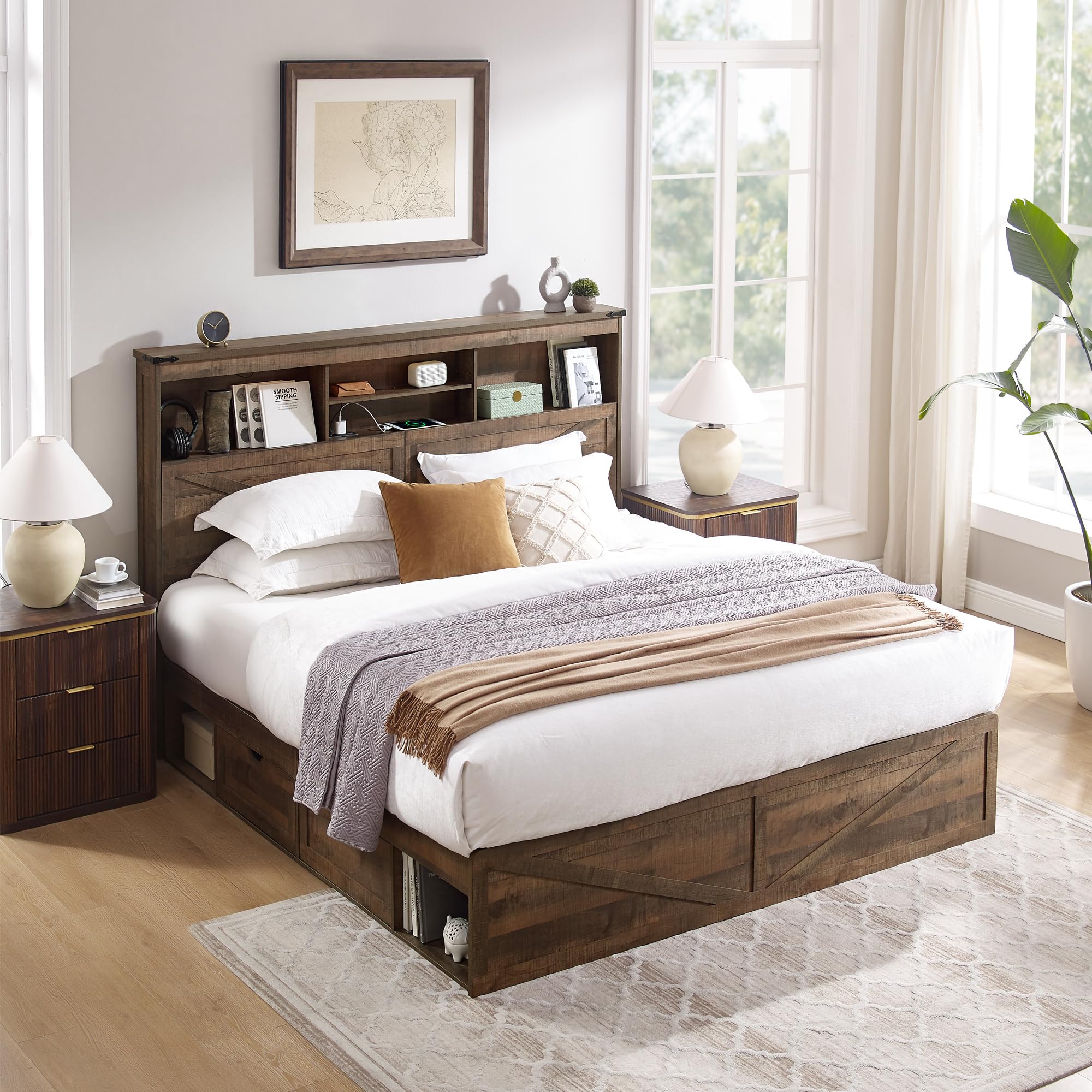 ACCOHOHO Queen Size Wood Bed Frame Farmhouse with 52" Tall Storage Bookcase Headboard, LED Light,Charging Station,4 Drawers and Solid Wood Slats Support,Noiseless,No Box Spring Needed - Black