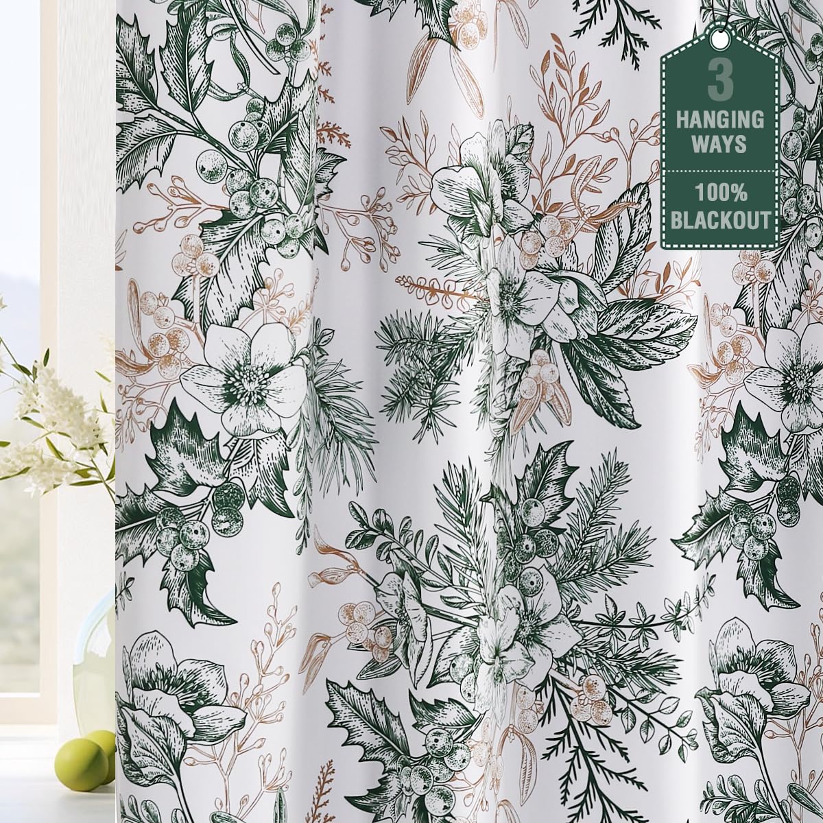 H.VERSAILTEX Blackout Curtains 63 Inch Length 2 Panels Set Floral Print Curtain Drapes for Living Room Thermal Insulated Grommet Window Curtains for Bedroom - Traditional Floral in Antique Green