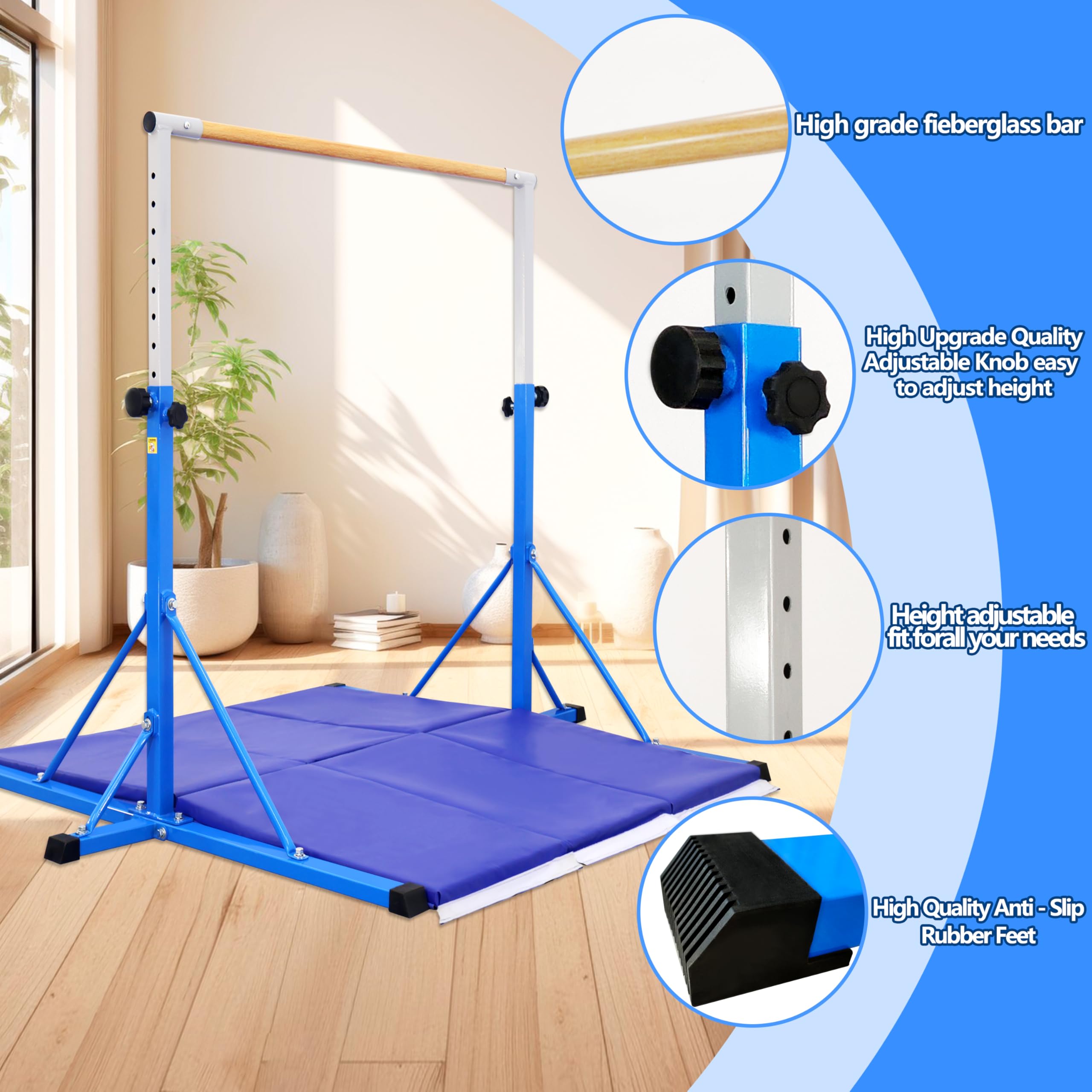 FC FUNCHEER Gymnastics Bar for Kids Ages 3-15, 35" to 60" Adjustable Height, 4FT Wide Base - Professional Kip Bar with 360° Stability & Fiberglass Crossbar, Easy Fold&Solid Design for Home Training