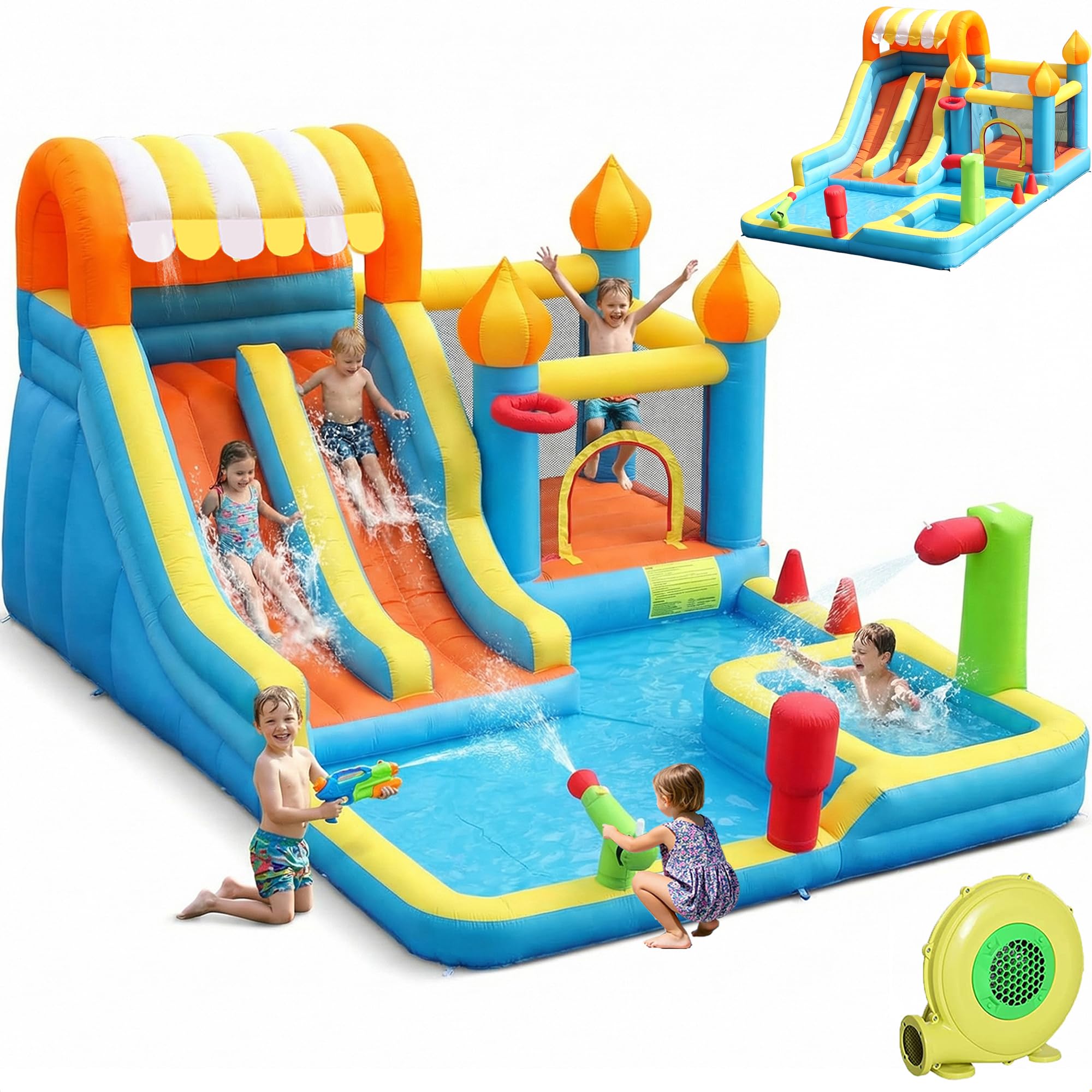 Blow Up Water Slides Two Long Slides Jumping Bouncy Castle for Kids Outdoor Inflatable Bounce House with 680W Blower for Kids Backyard