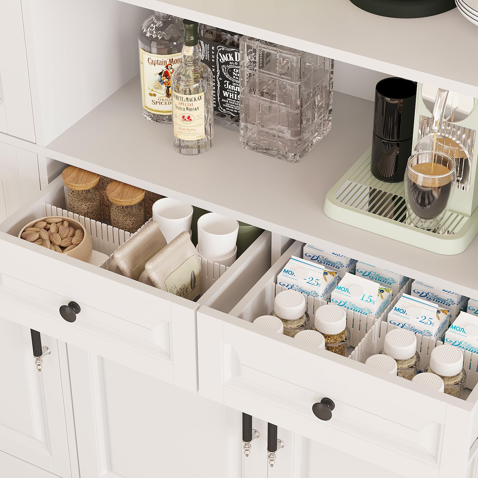 MEISSALIVVE Kitchen Pantry Storage Cabinet with LED Lights, 78.7" Tall with Glass Doors & Drawers, Freestanding Utility Cabinet, Black (31.5" W x 15.7" D)
