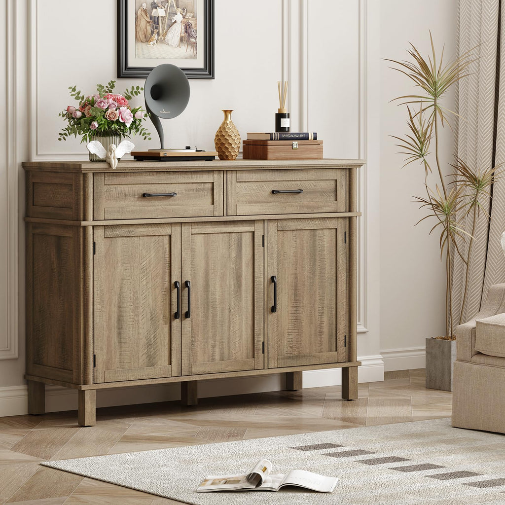 ONBRILL 48 Inches Buffet Cabinet with Storage, Farmhouse Sideboard Buffet w/2 Drawers and 3 Doors, Wood Coffee Bar Cabinet with Adjustable Shelves, Sideboard Storage for Kitchen, Living Room, Black