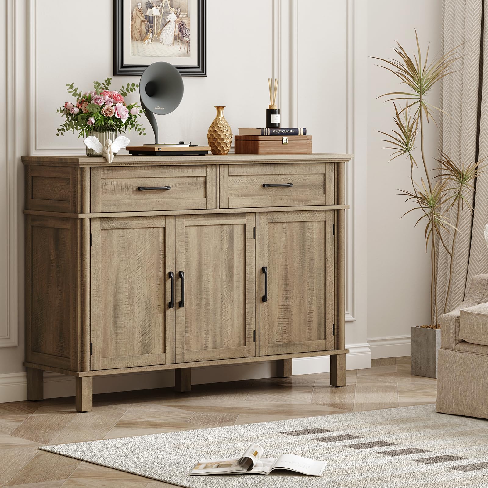 ONBRILL 48 Inches Buffet Cabinet with Storage, Farmhouse Sideboard Buffet w/2 Drawers and 3 Doors, Wood Coffee Bar Cabinet with Adjustable Shelves, Sideboard Storage for Kitchen, Living Room, Black