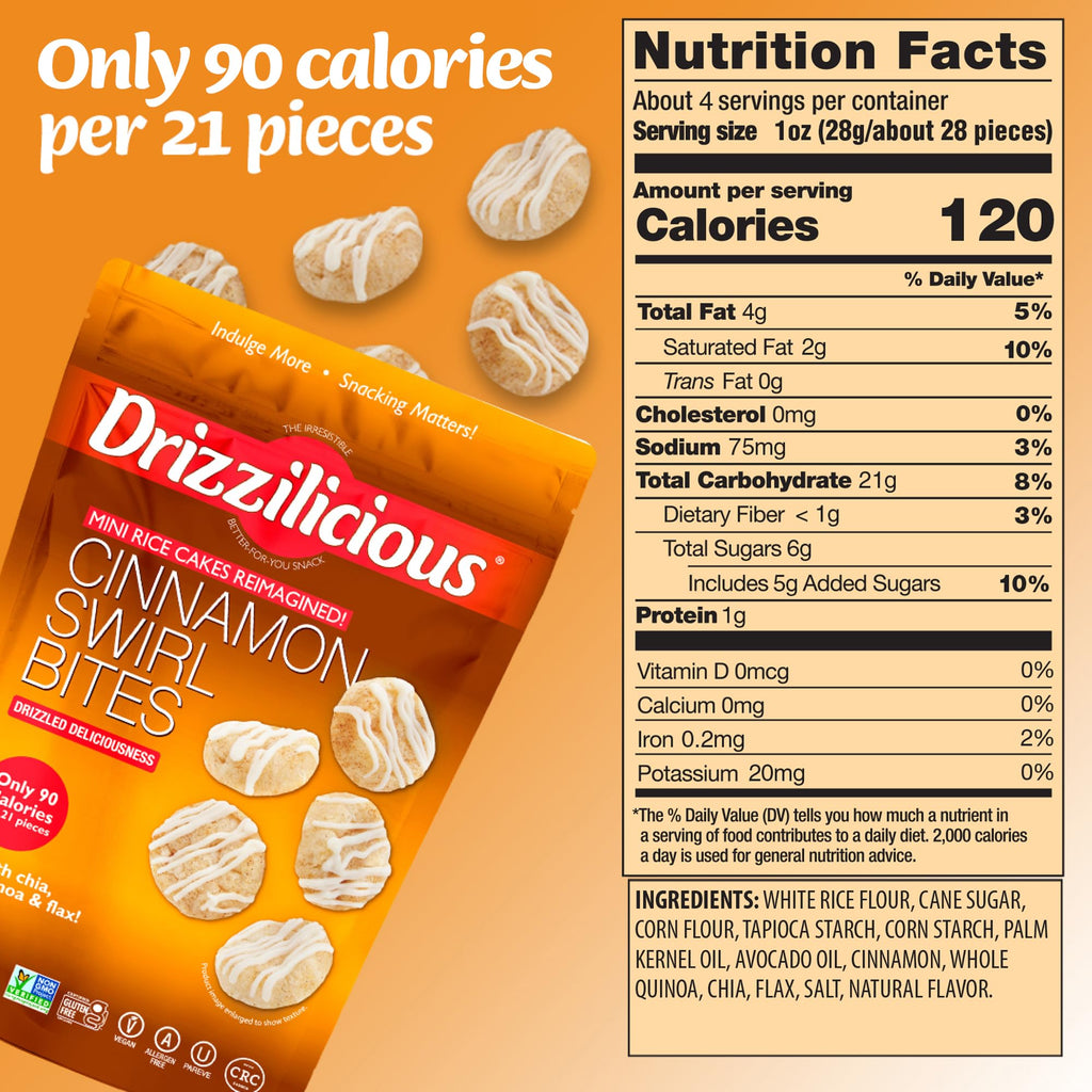 Drizzilicious Mini Flavored Rice Cakes - Rice Crisps, Healthy Snack for Adults and Kids, Vegan, Gluten Free Snack, 90 Calories Per 21 Pieces, S'mores & Cinnamon Swirl - 4 oz (Pack of 6)