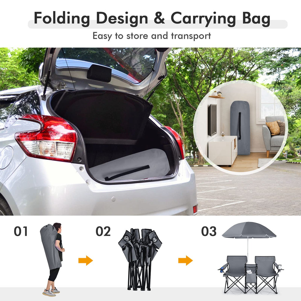 COSTWAY Double Portable Picnic Chairs, Folding Camping Chairs w/Detachable Umbrella, Cooler Bag, Cup Holders, Patio Beach Camping Chairs for Outdoors