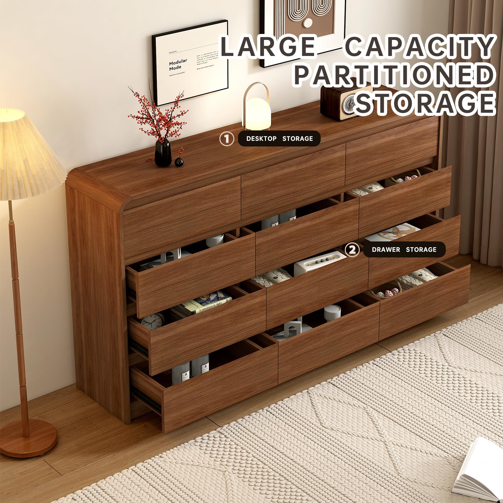 Messenya Modern 6 Drawer Dresser, 47-Inch Wood Chest of Drawers, Curved Anti-Collision Design, Mid-Century Storage Cabinet, Pre-Embedded Slots, for Bedroom, Living Room, TV Stand, Nursery