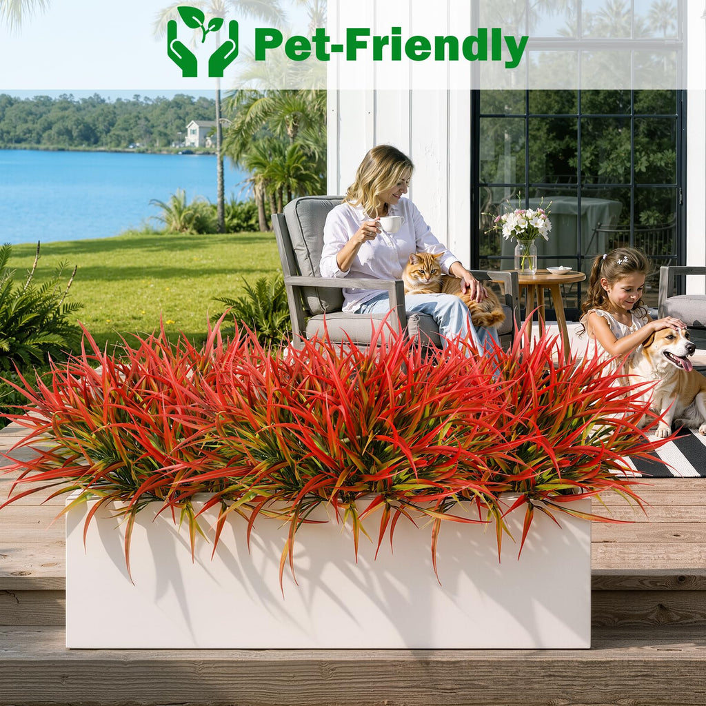 Uieke 28 Bundles Artificial Outdoor Plants UV Resistant Fake Grass Plants Faux Plastic Plants Greenery Shrubs for Home Garden Pathway Window Box Front Porch Cemetery Fall Decor, Autumn Red