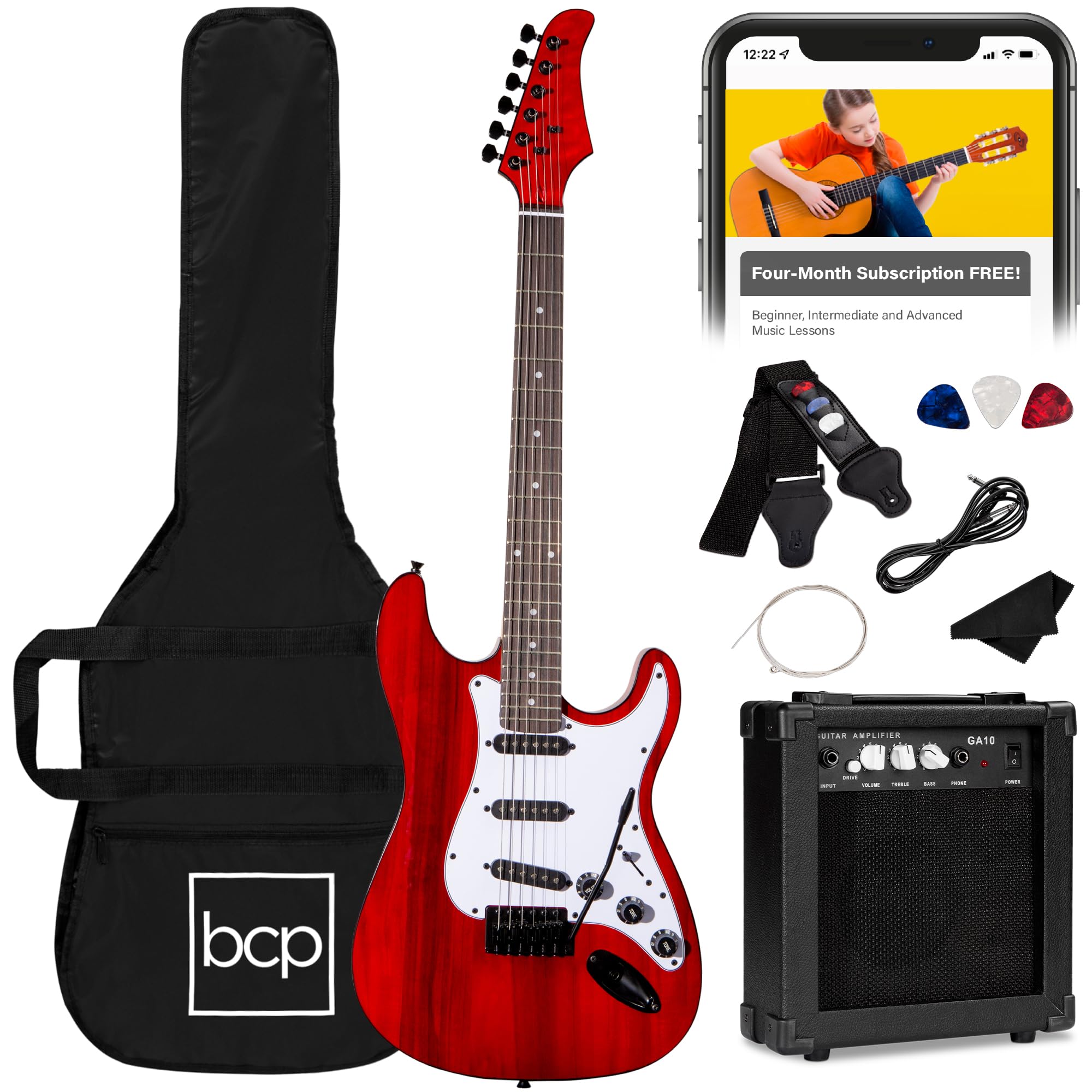 Best Choice Products 39in Full Size Beginner Electric Guitar Starter Kit w/Case, Strap, 10W Amp, Strings, Pick, Tremolo Bar - 3 Color Sunburst