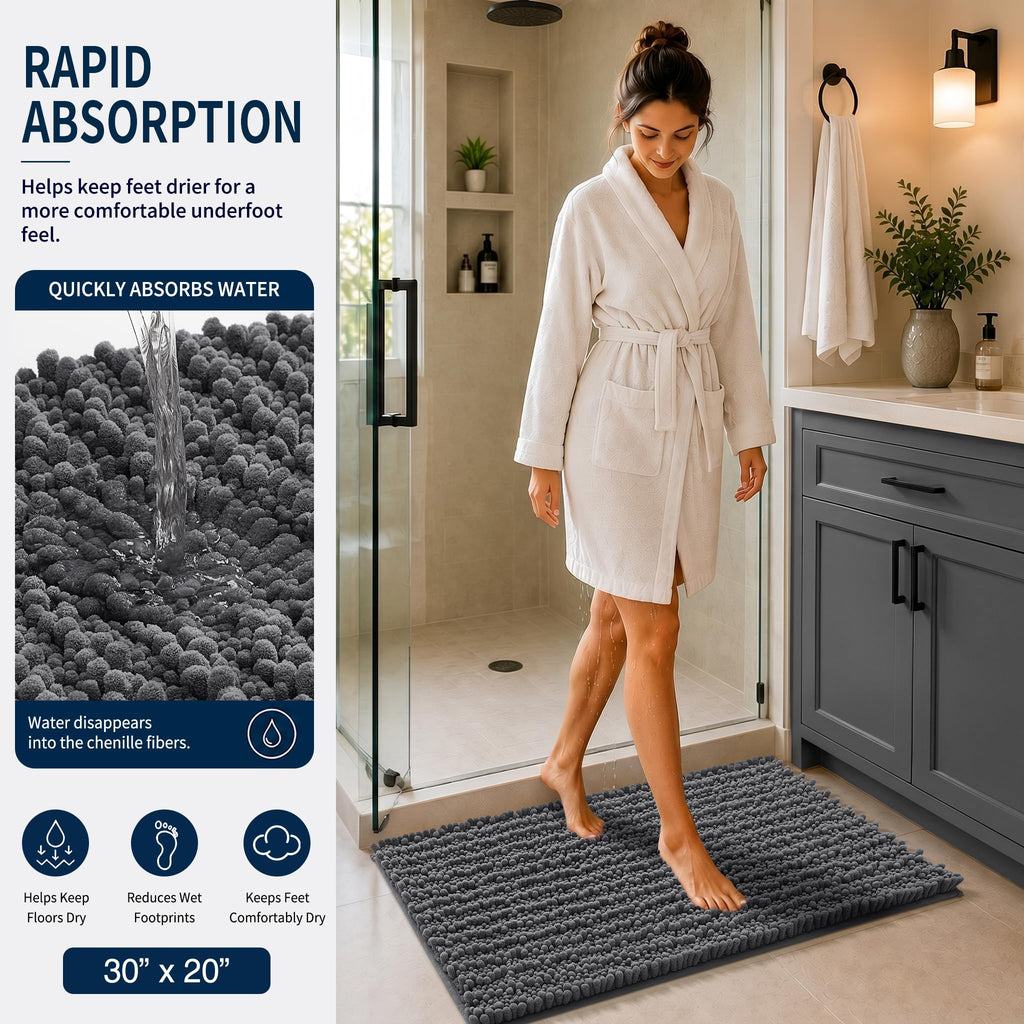 Yimobra Black Bathroom Rug Set 3 Piece - Super Absorbent Quick Dry Chenille Bath Mats & Toilet Rug, Non Slip Machine Washable, Extra Thick Shaggy Floor Mat for Shower Tub Sink
