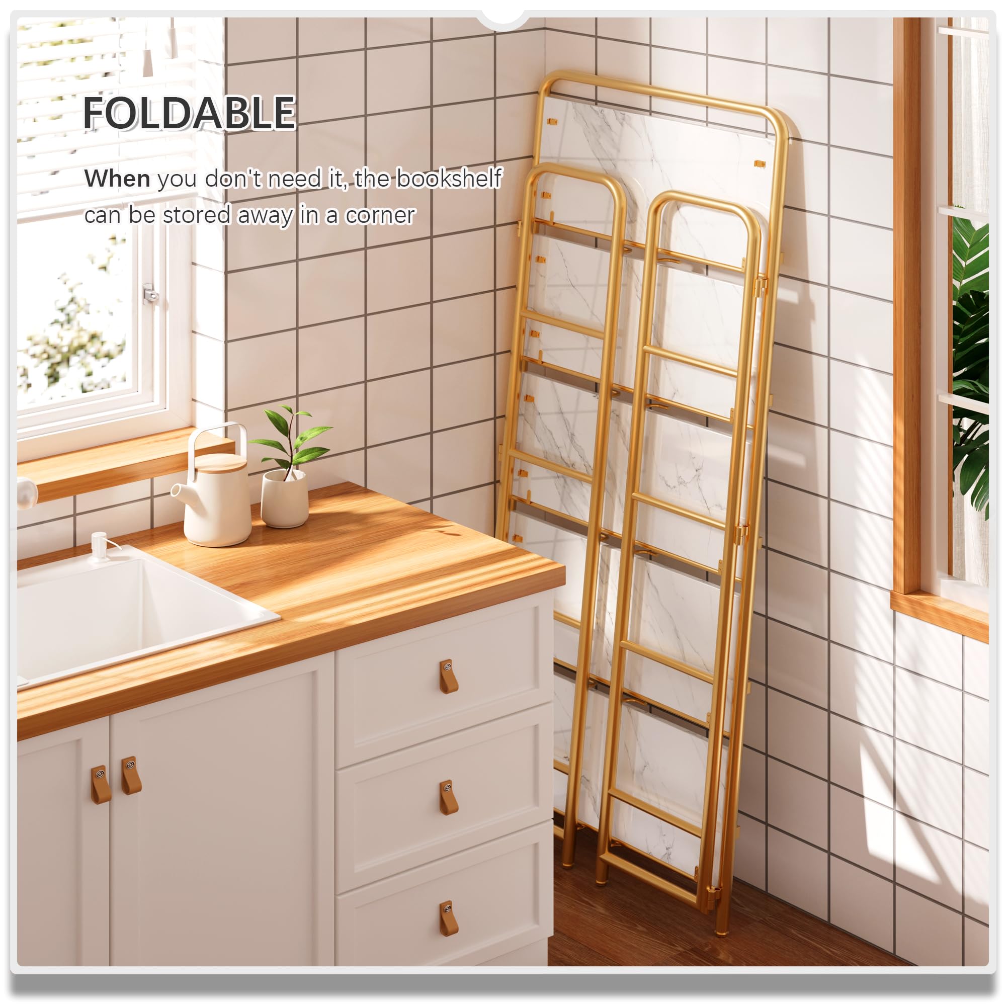 4NM No Assembly Folding Bookshelf, 3 Tiers Collapsible Book Shelves Open Industrial Foldable Storage Bookcase Shelf for Bedroom, Living Room, Home Office - Natural and White
