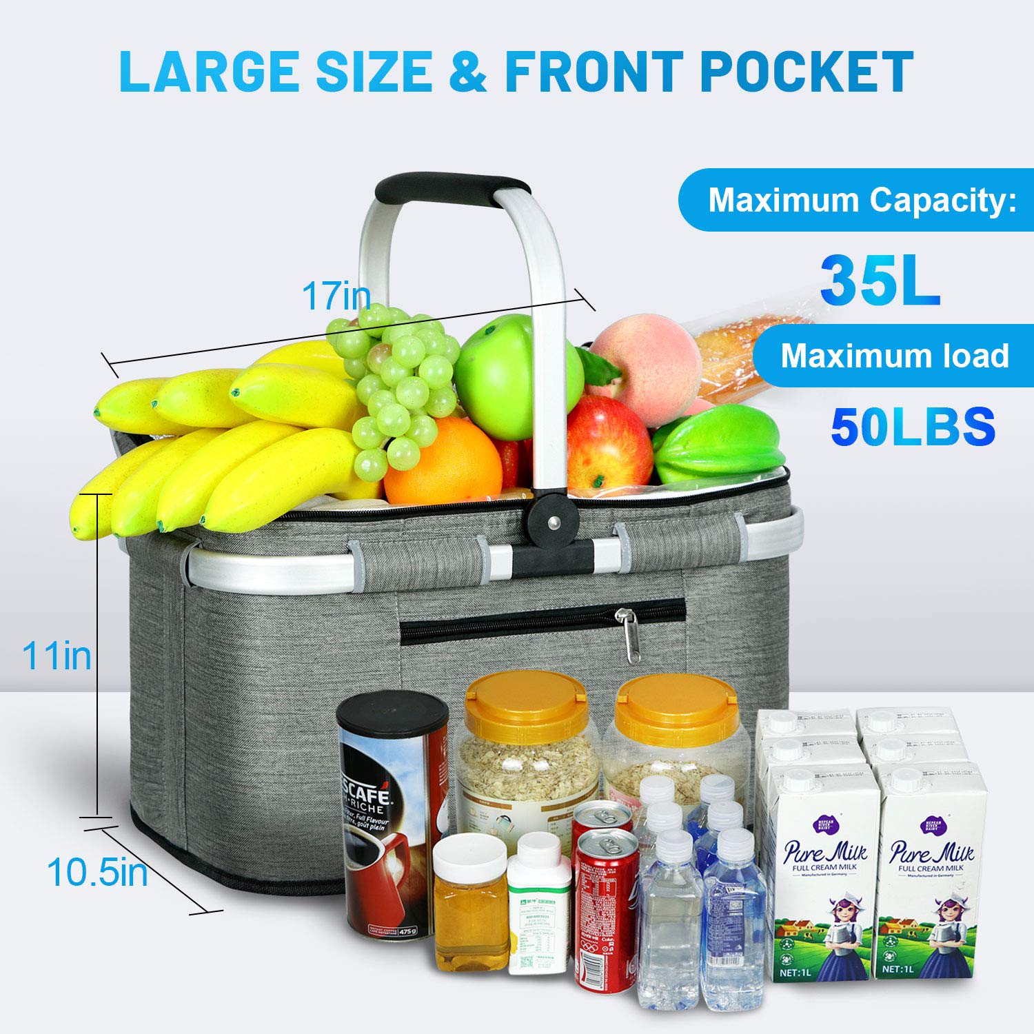 LIQING 35L Large Picnic Basket 2 Layers of Internal Pockets Leak-Proof and Insulated ，Folding with Internal Support for enhansed Stability, Wedding Gifts for Couple(Black)