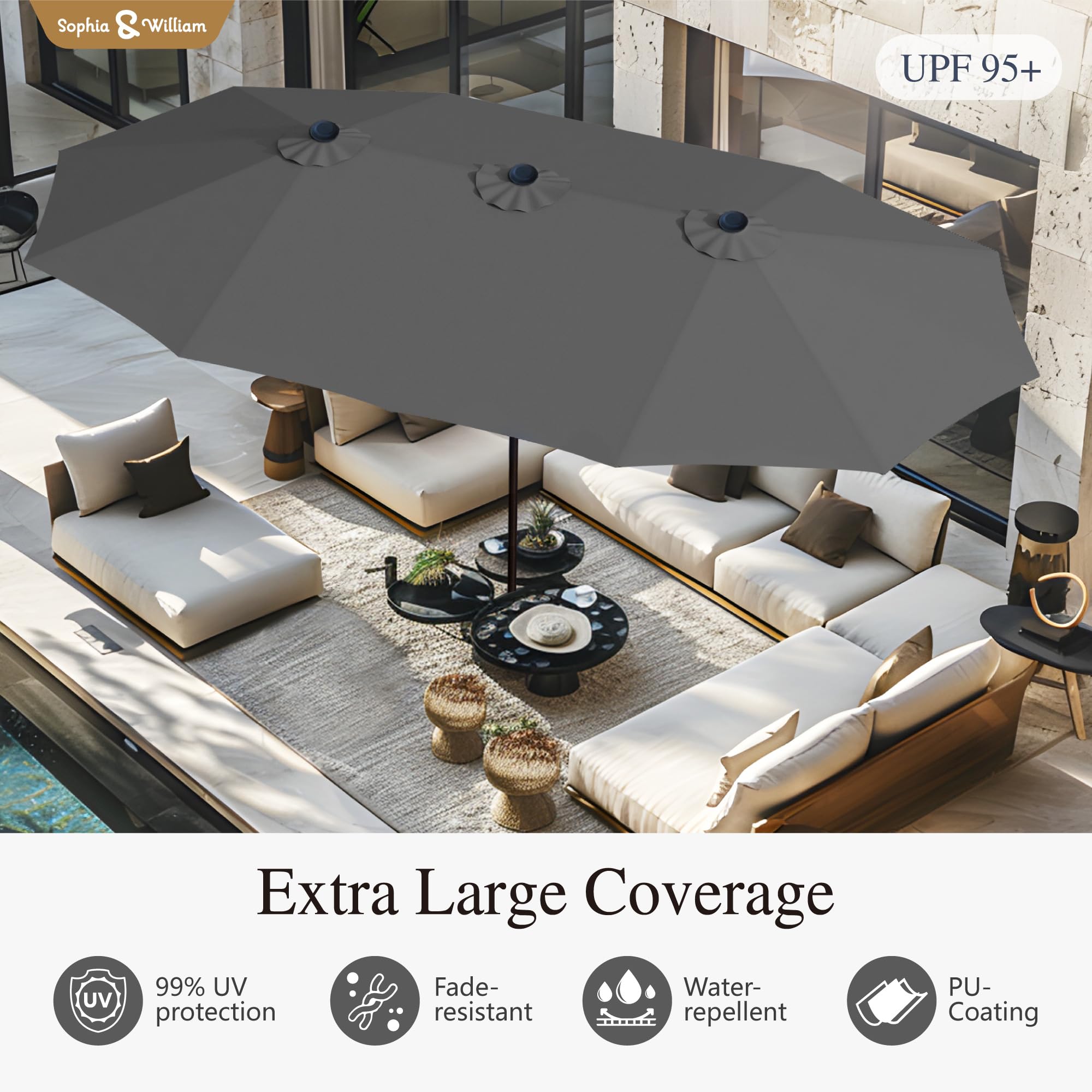 Sophia & William 15 ft Extra Large Patio Umbrella with Base Included, Rectangular Outdoor Umbrella Heavy Duty, Market Umbrella Double-sided Fade Resistant for Pool Garden Backyard, Beige